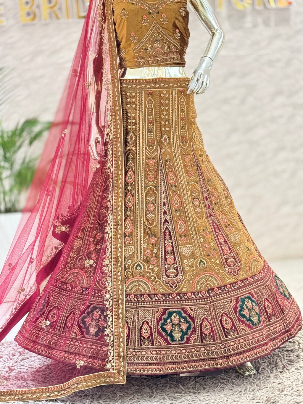Regal Antique Gold Velvet Hand-Embroidered Bridal Lehenga Choli Set 109689