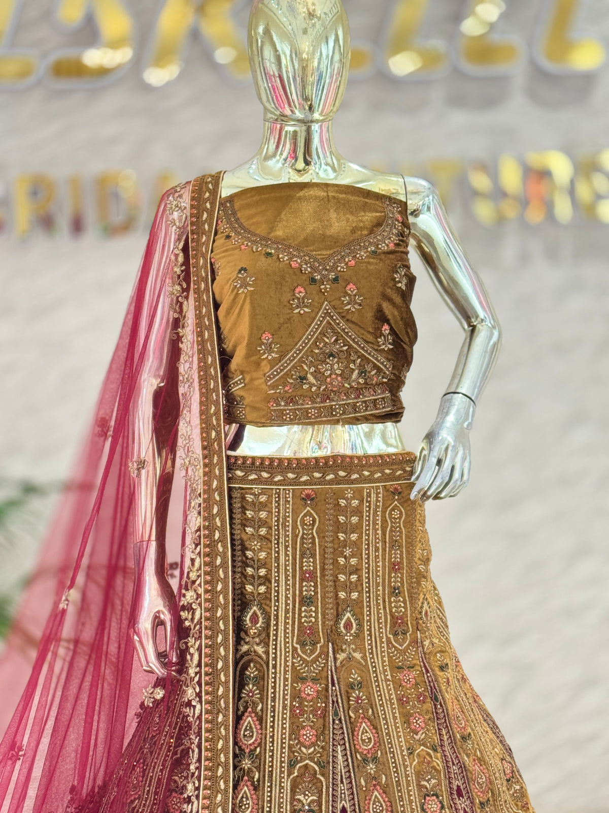 Regal Antique Gold Velvet Hand-Embroidered Bridal Lehenga Choli Set 109689