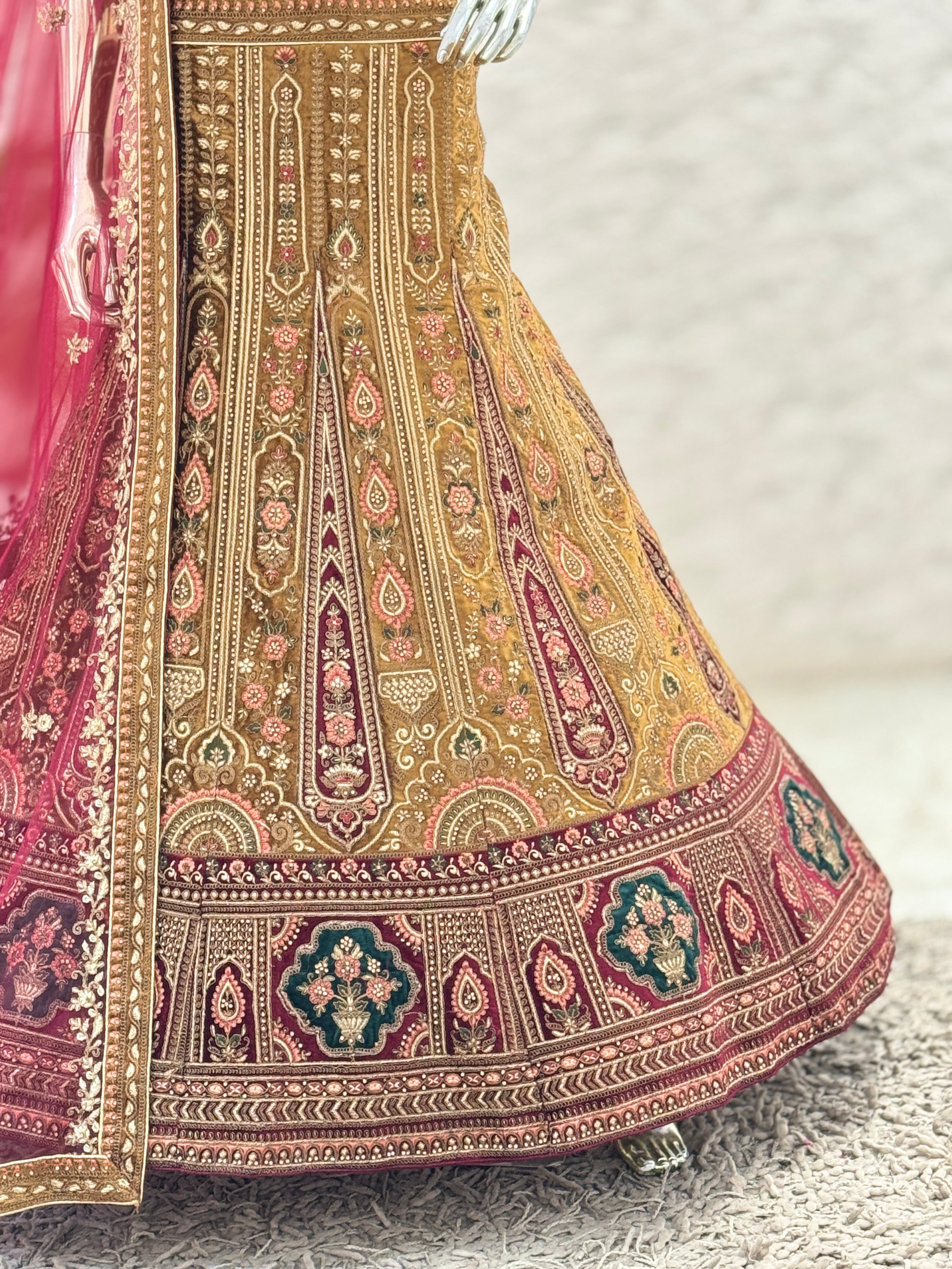 Regal Antique Gold Velvet Hand-Embroidered Bridal Lehenga Choli Set 109689