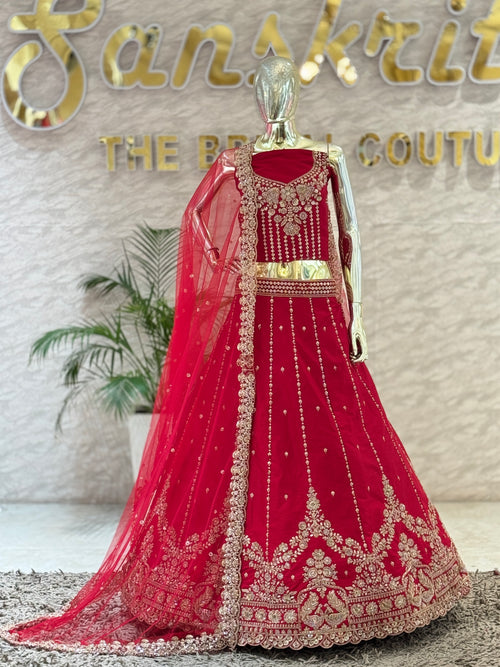 Bridal Crimson silk Embroidered Lehenga Choli Set with Heavily Embellished Dupatta q562143