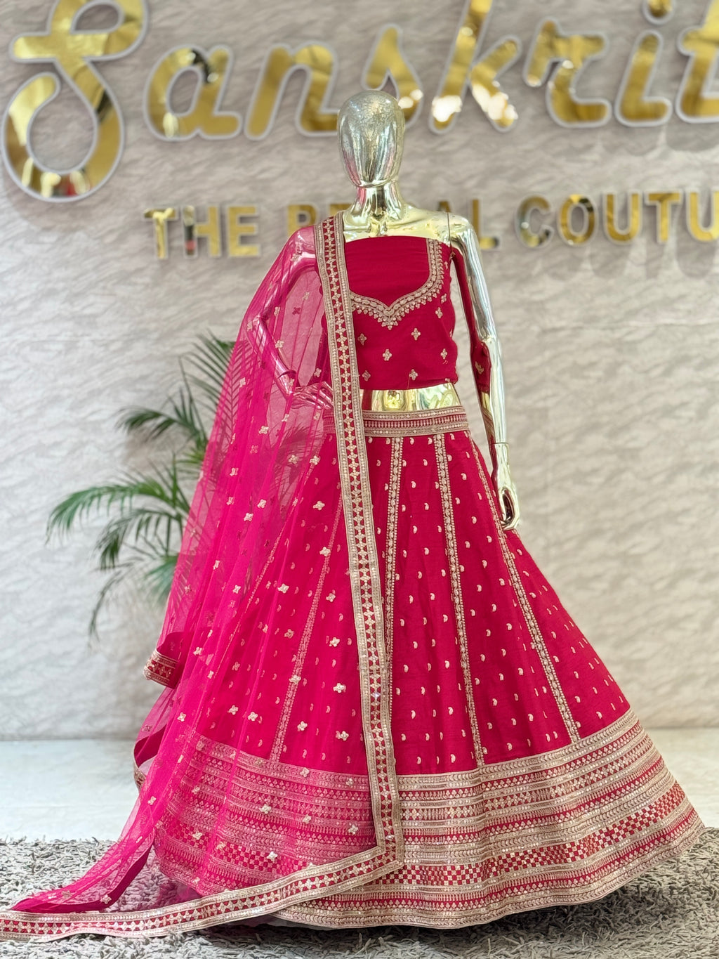 Rani Pink Raw Silk Embroidered Lehenga Choli Set with Sheer Net Dupatta 109350