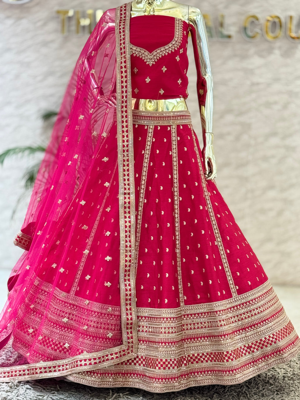 Rani Pink Raw Silk Embroidered Lehenga Choli Set with Sheer Net Dupatta 109350