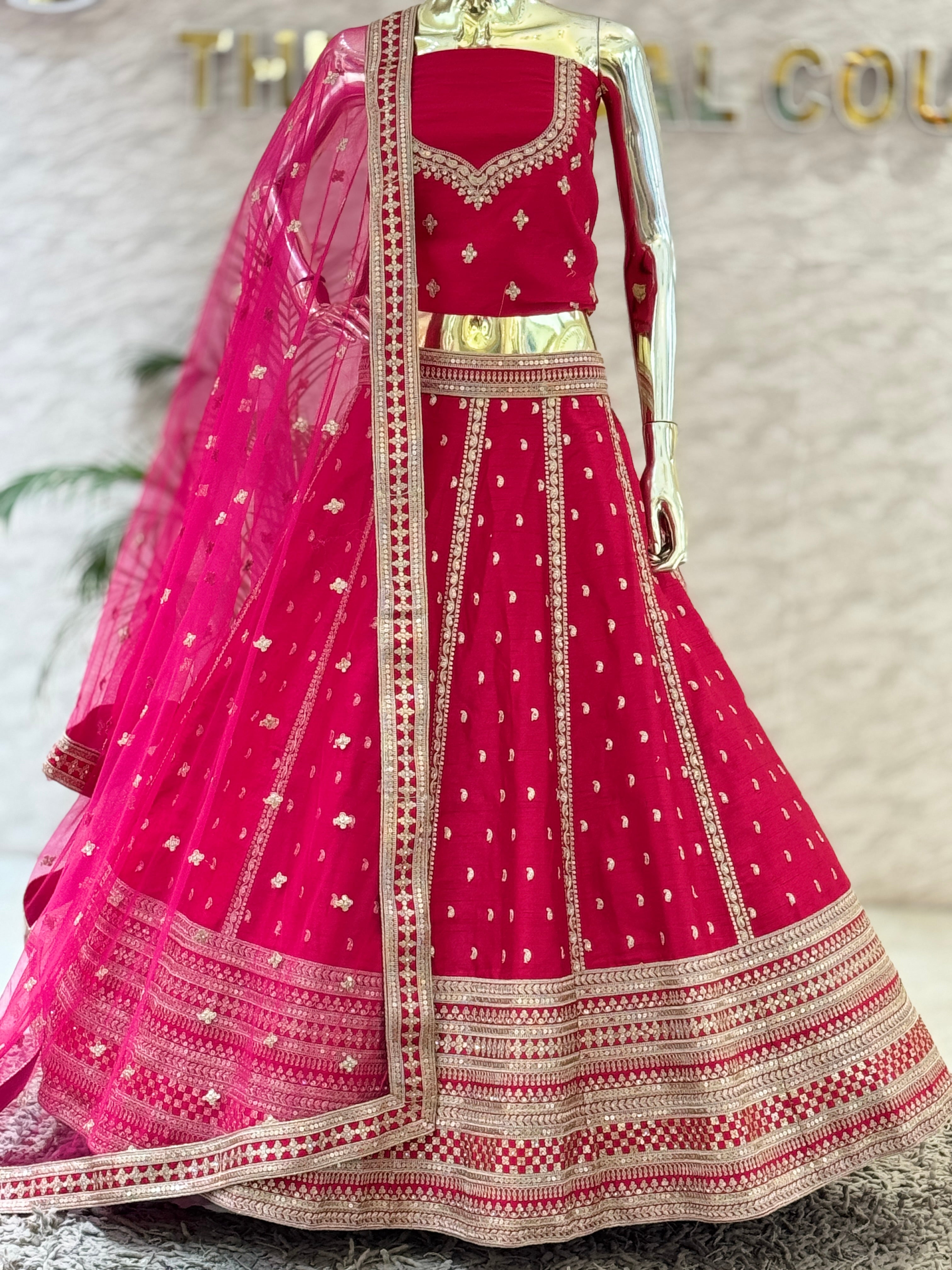 Rani Pink Raw Silk Embroidered Lehenga Choli Set with Sheer Net Dupatta 109350