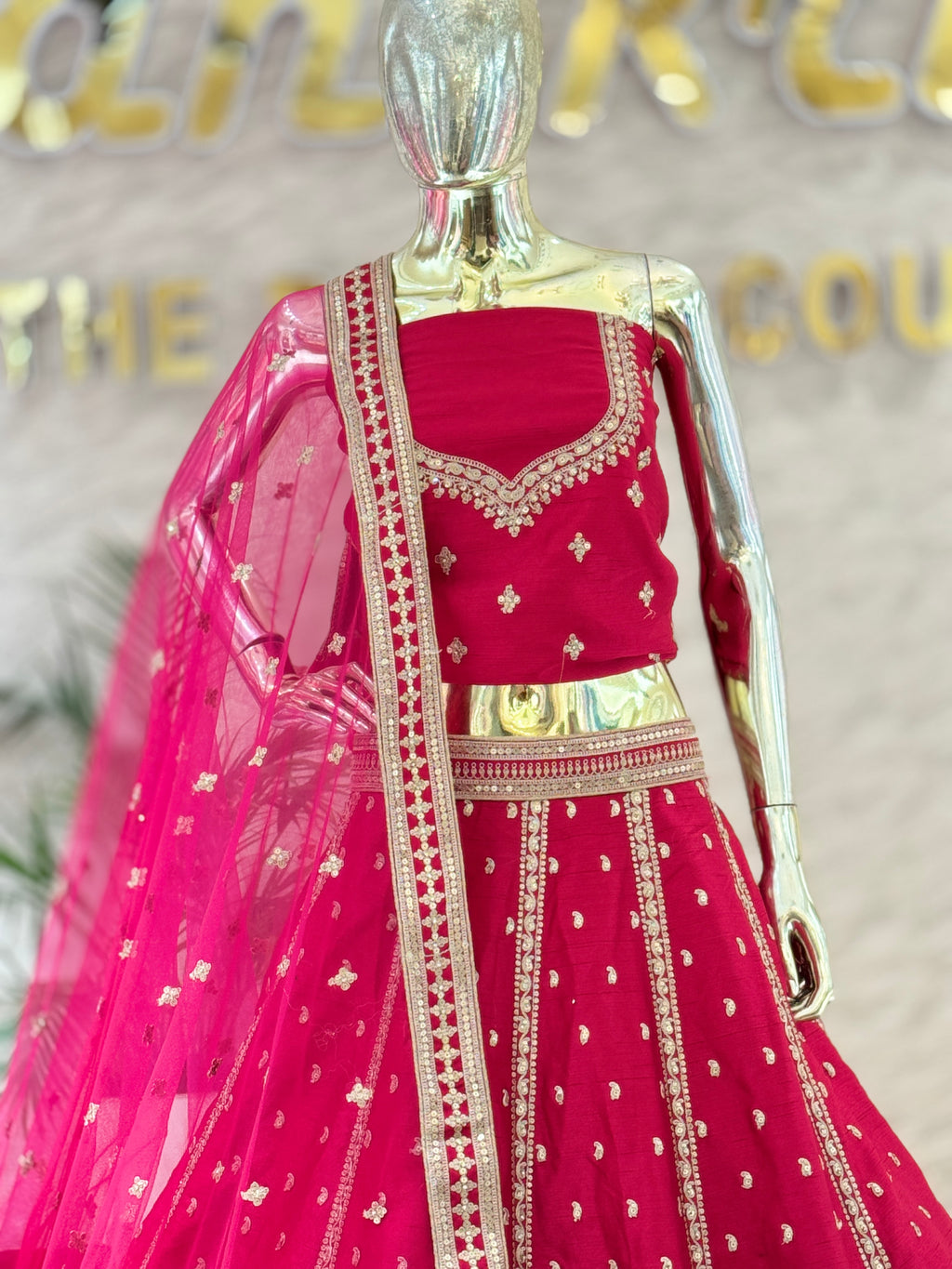 Rani Pink Raw Silk Embroidered Lehenga Choli Set with Sheer Net Dupatta 109350