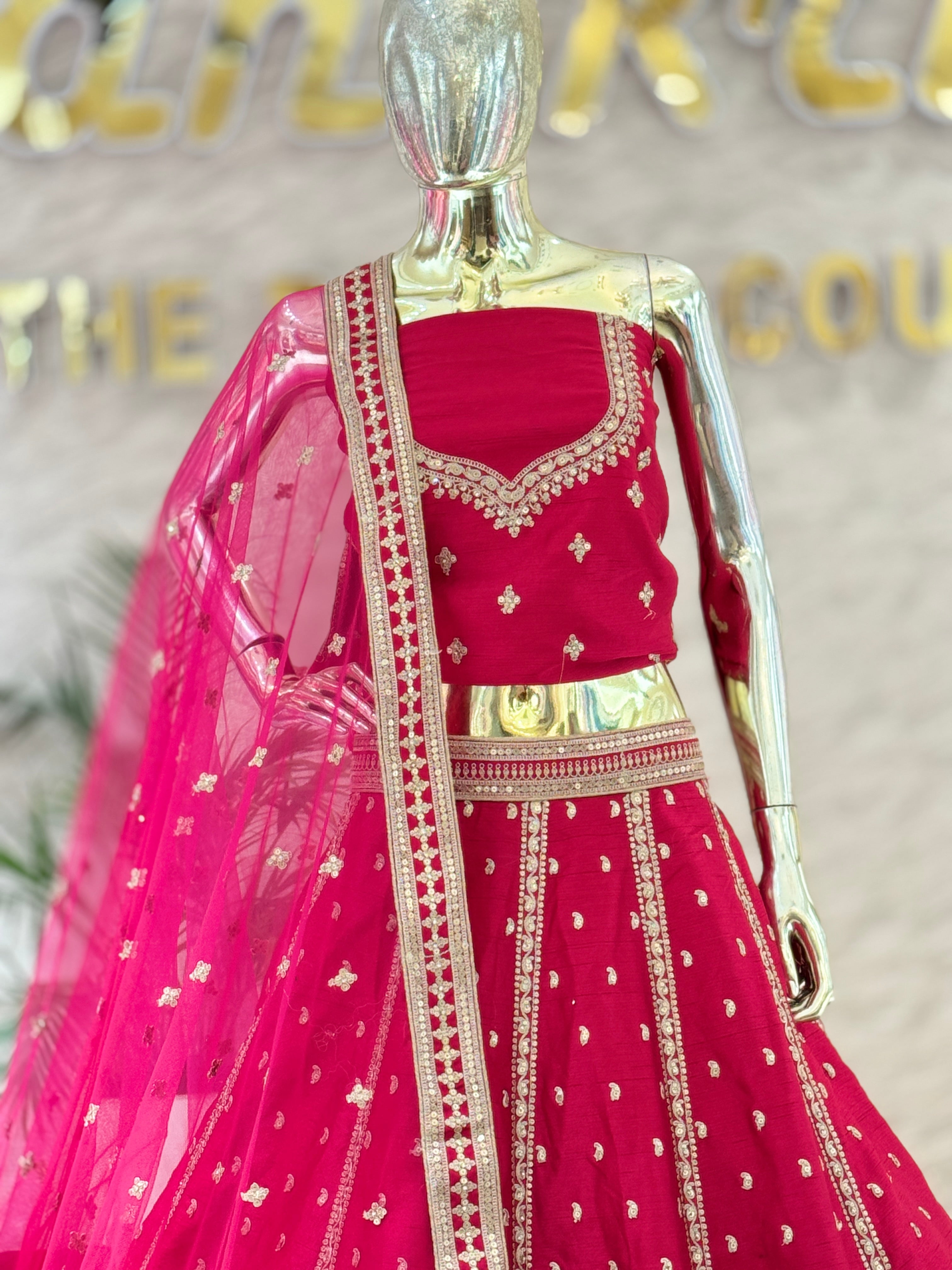 Rani Pink Raw Silk Embroidered Lehenga Choli Set with Sheer Net Dupatta 109350