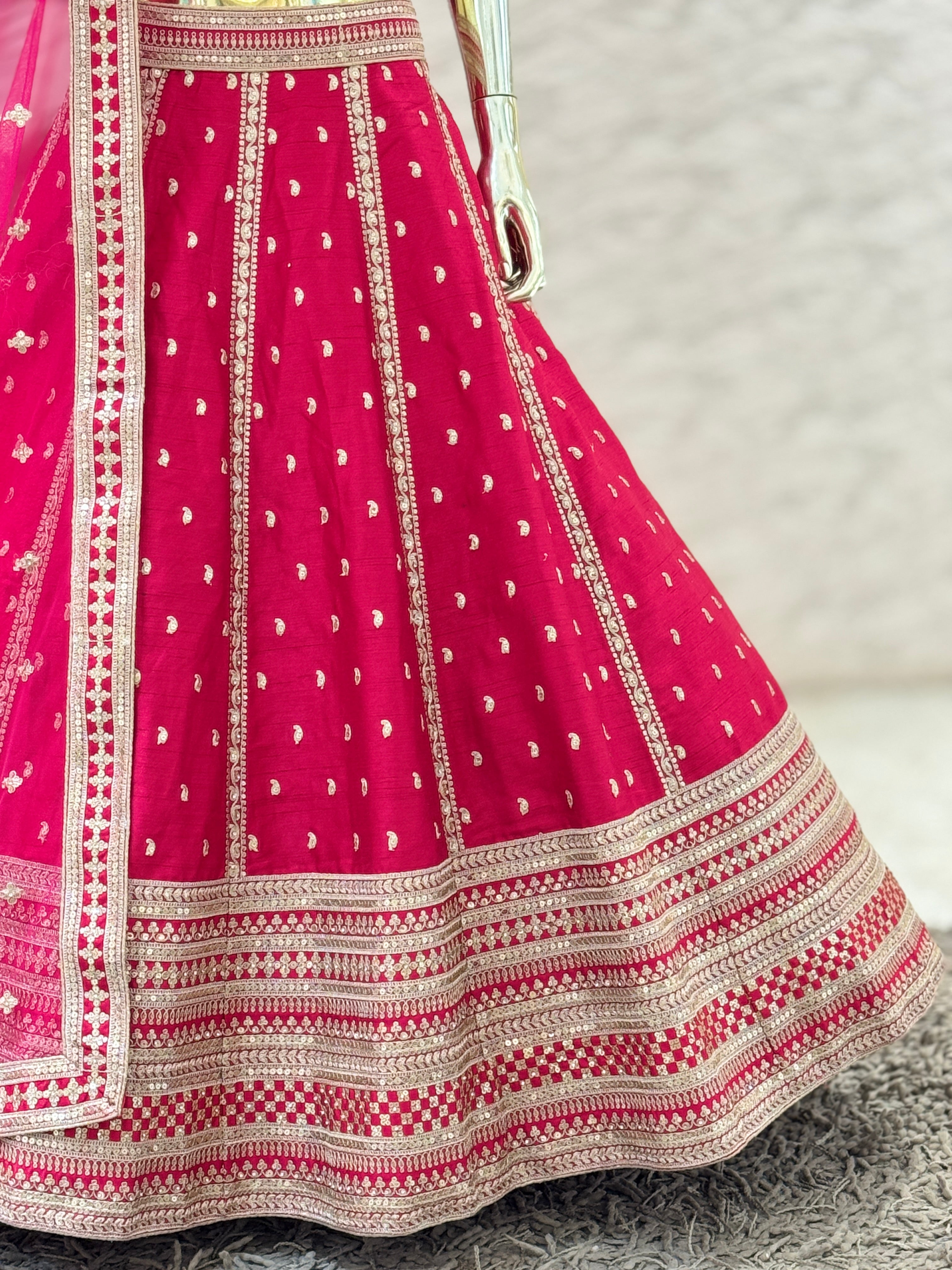 Rani Pink Raw Silk Embroidered Lehenga Choli Set with Sheer Net Dupatta 109350