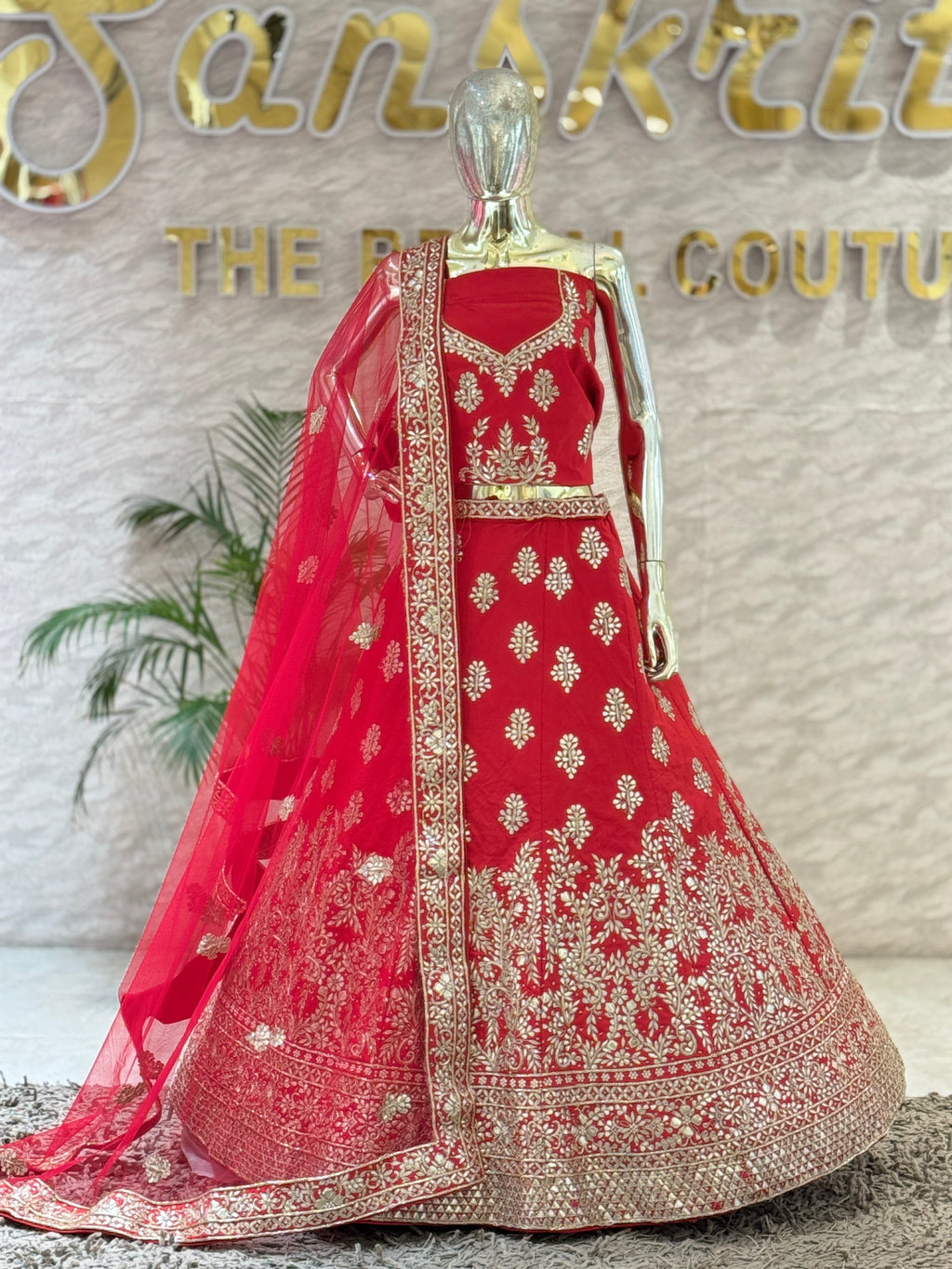 105574 Bridal Crimson Red Floral Gota Patti and Zari Embroidered Lehenga Choli Set