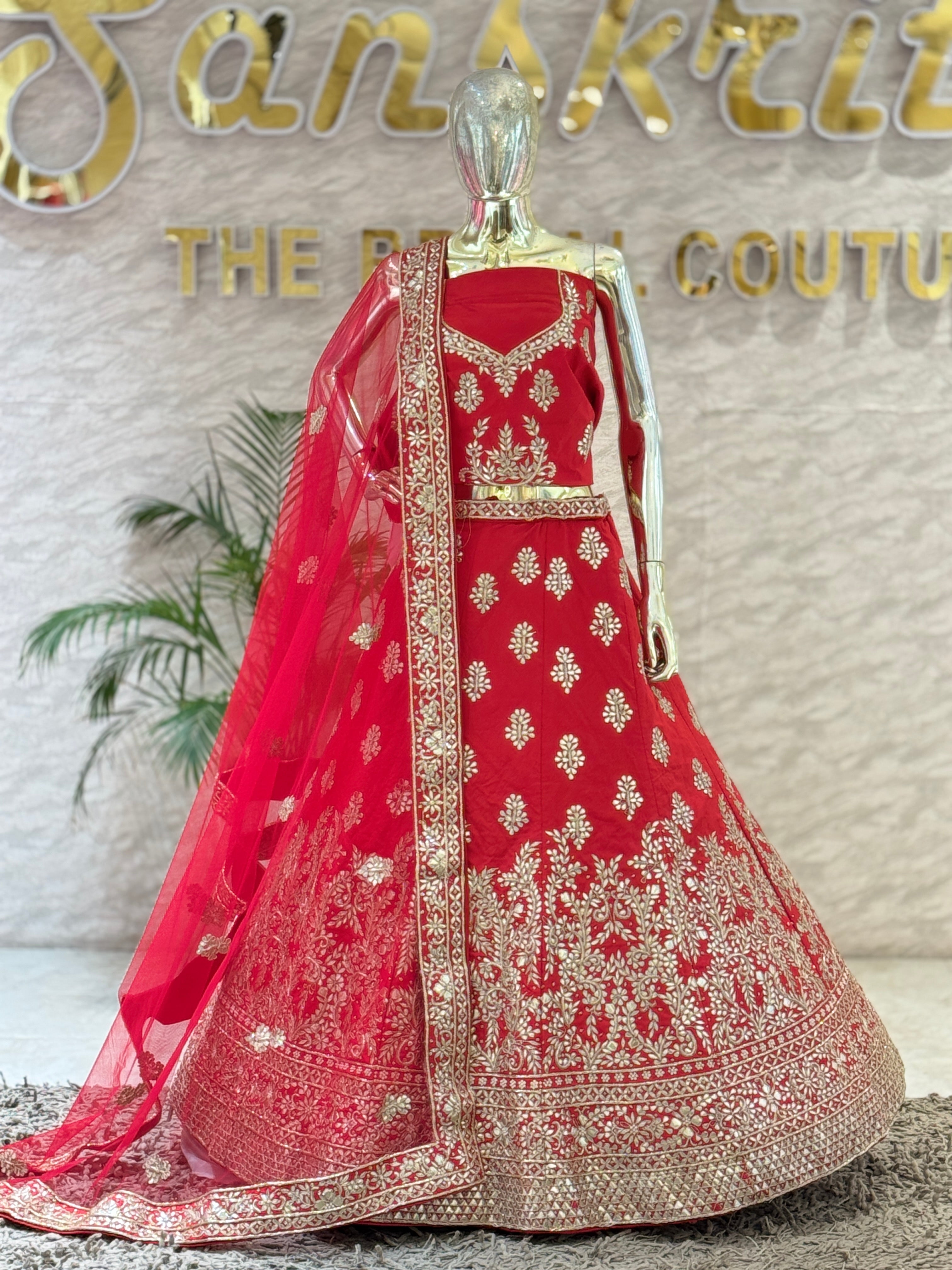105574 Bridal Crimson Red Floral Gota Patti and Zari Embroidered Lehenga Choli Set