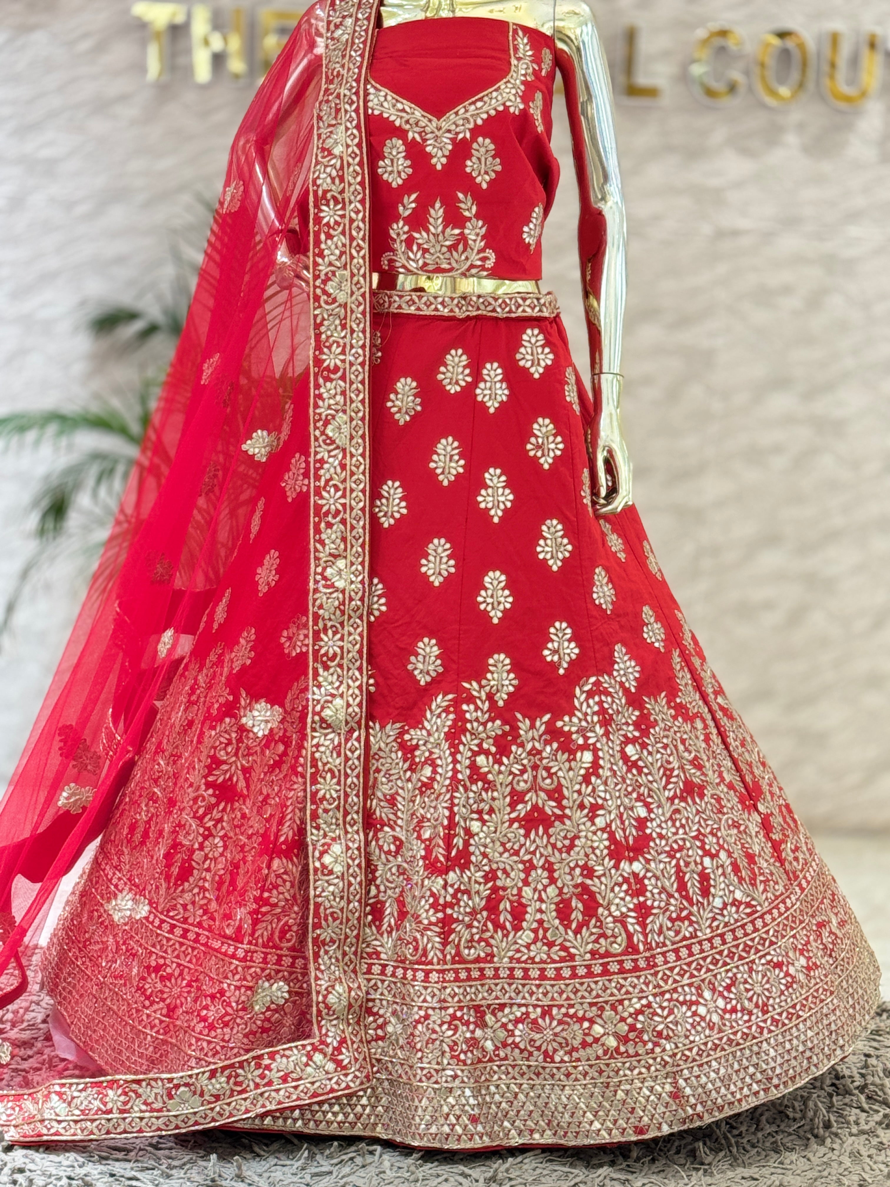 105574 Bridal Crimson Red Floral Gota Patti and Zari Embroidered Lehenga Choli Set