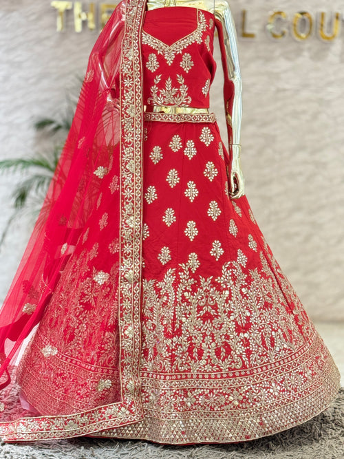 105574 Bridal Crimson Red Floral Gota Patti and Zari Embroidered Lehenga Choli Set