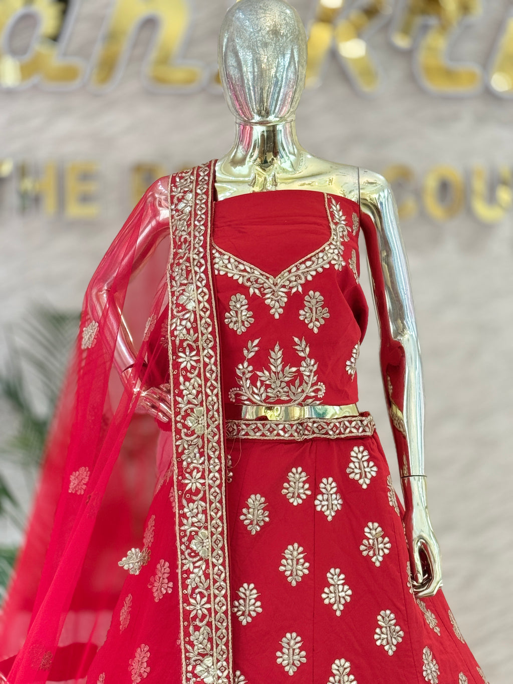 105574 Bridal Crimson Red Floral Gota Patti and Zari Embroidered Lehenga Choli Set
