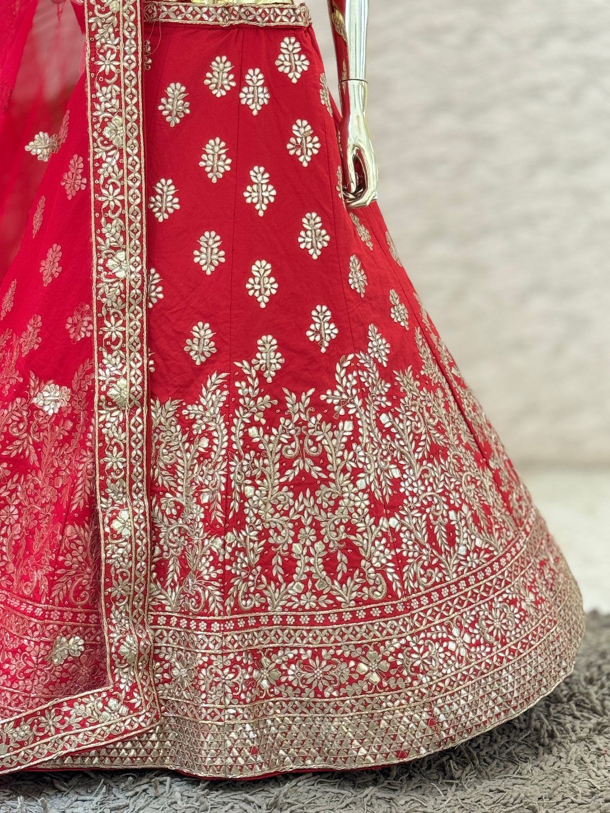 105574 Bridal Crimson Red Floral Gota Patti and Zari Embroidered Lehenga Choli Set
