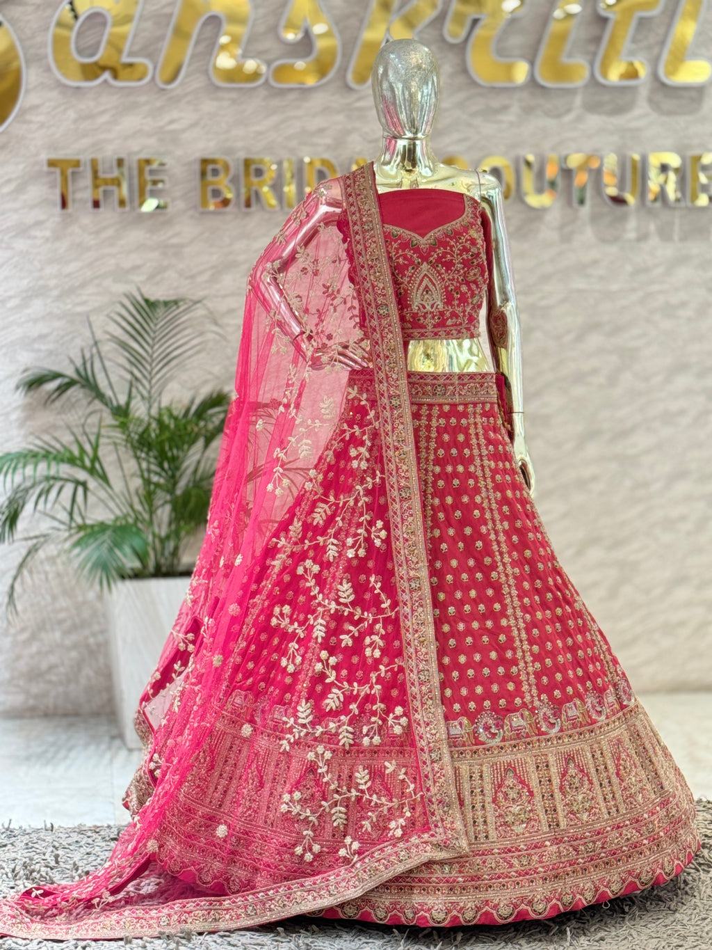 Bridal Fuchsia Pink Silk Embroidered Lehenga Choli Set with Floral Embroidered Net Dupatta q561477