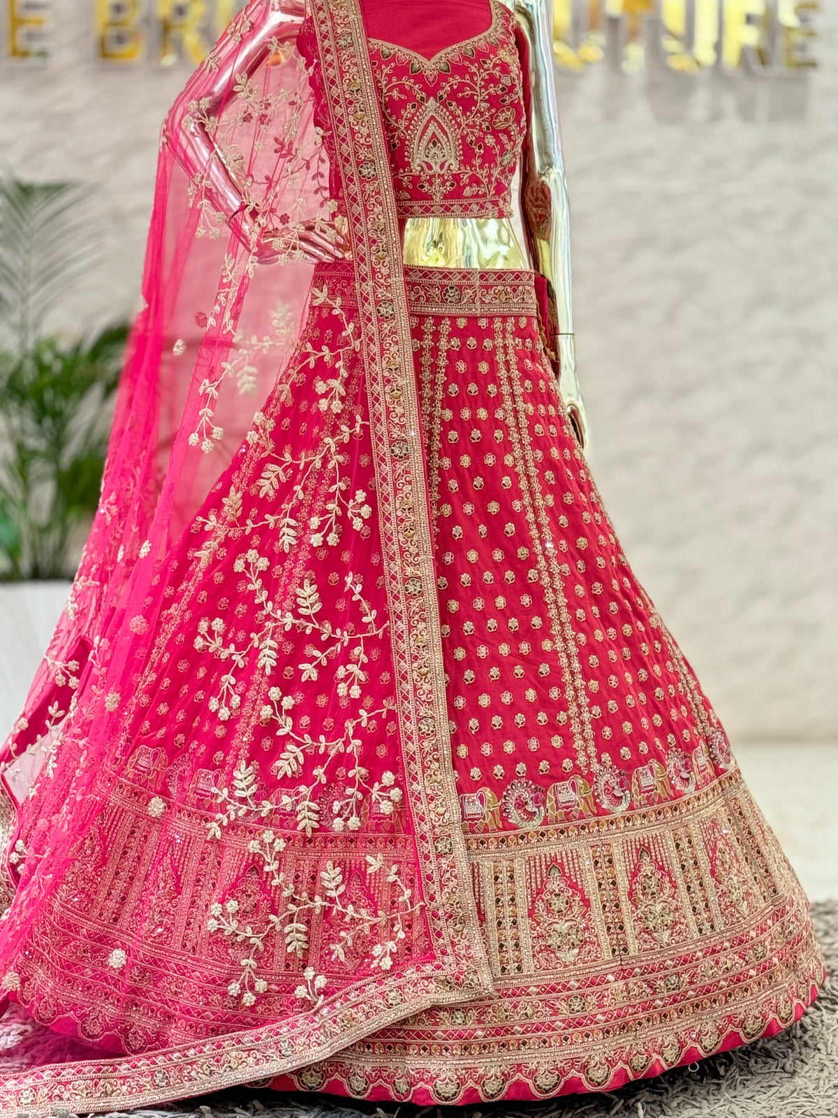 Bridal Fuchsia Pink Silk Embroidered Lehenga Choli Set with Floral Embroidered Net Dupatta q561477
