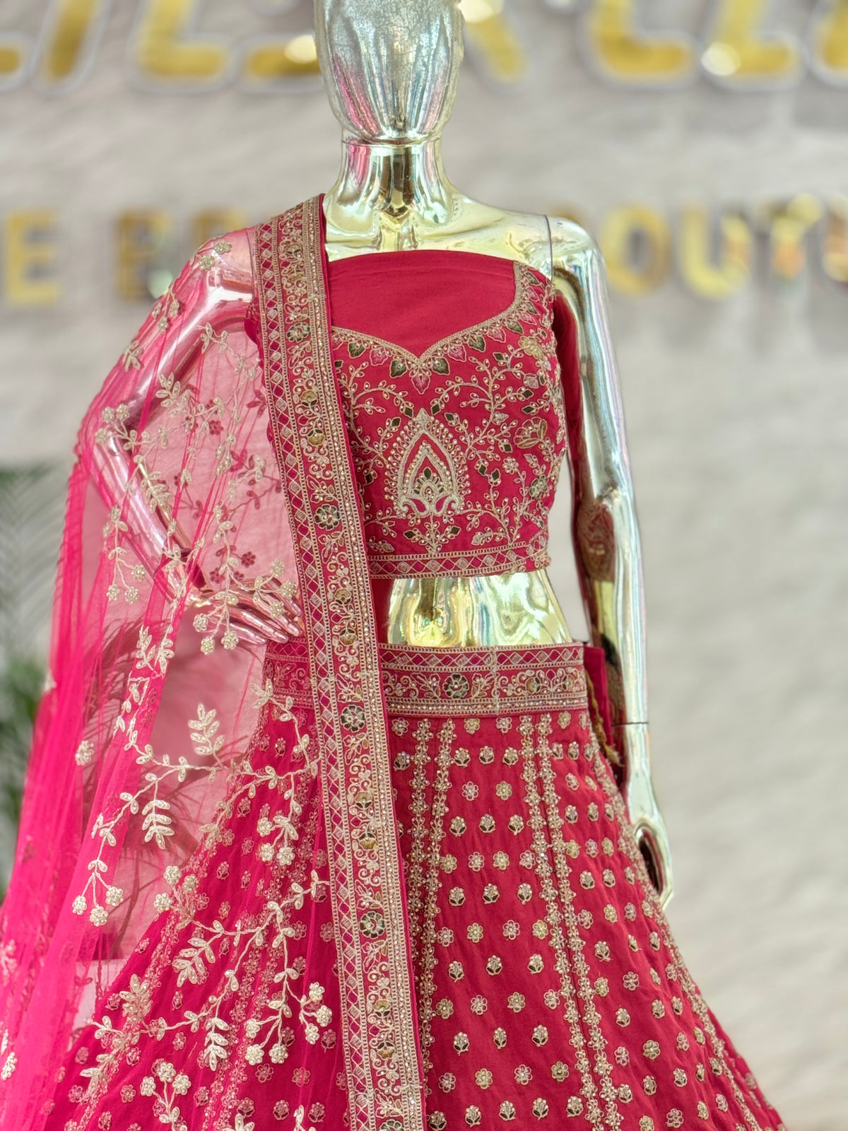 Bridal Fuchsia Pink Silk Embroidered Lehenga Choli Set with Floral Embroidered Net Dupatta q561477