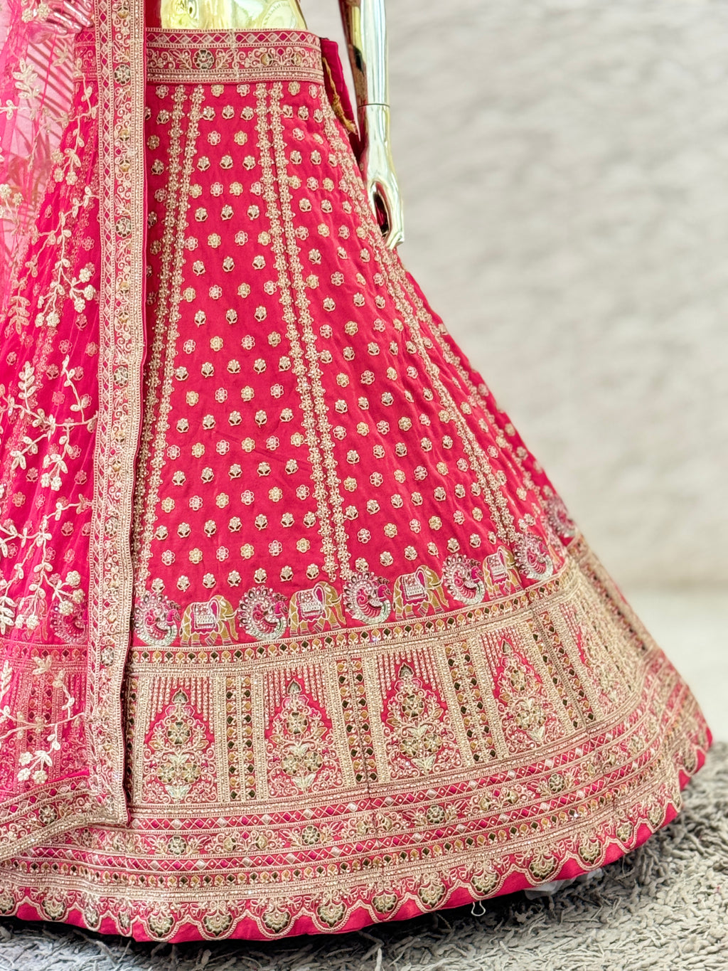 Bridal Fuchsia Pink Silk Embroidered Lehenga Choli Set with Floral Embroidered Net Dupatta q561477