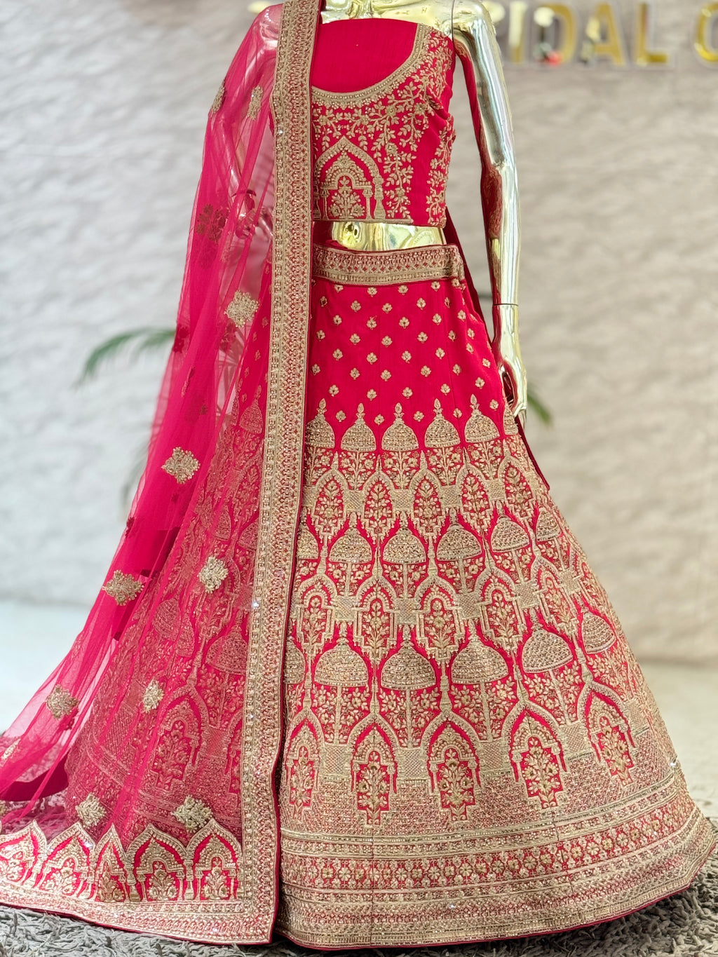 Bridal Hot Pink Silk Embroidered Lehenga Choli Set with Arch-Motif Scalloped Dupatta 13809