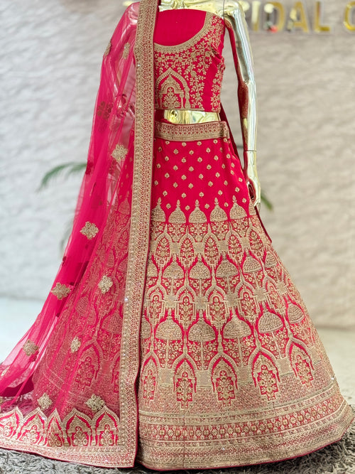 Bridal Hot Pink Silk Embroidered Lehenga Choli Set with Arch-Motif Scalloped Dupatta 13809