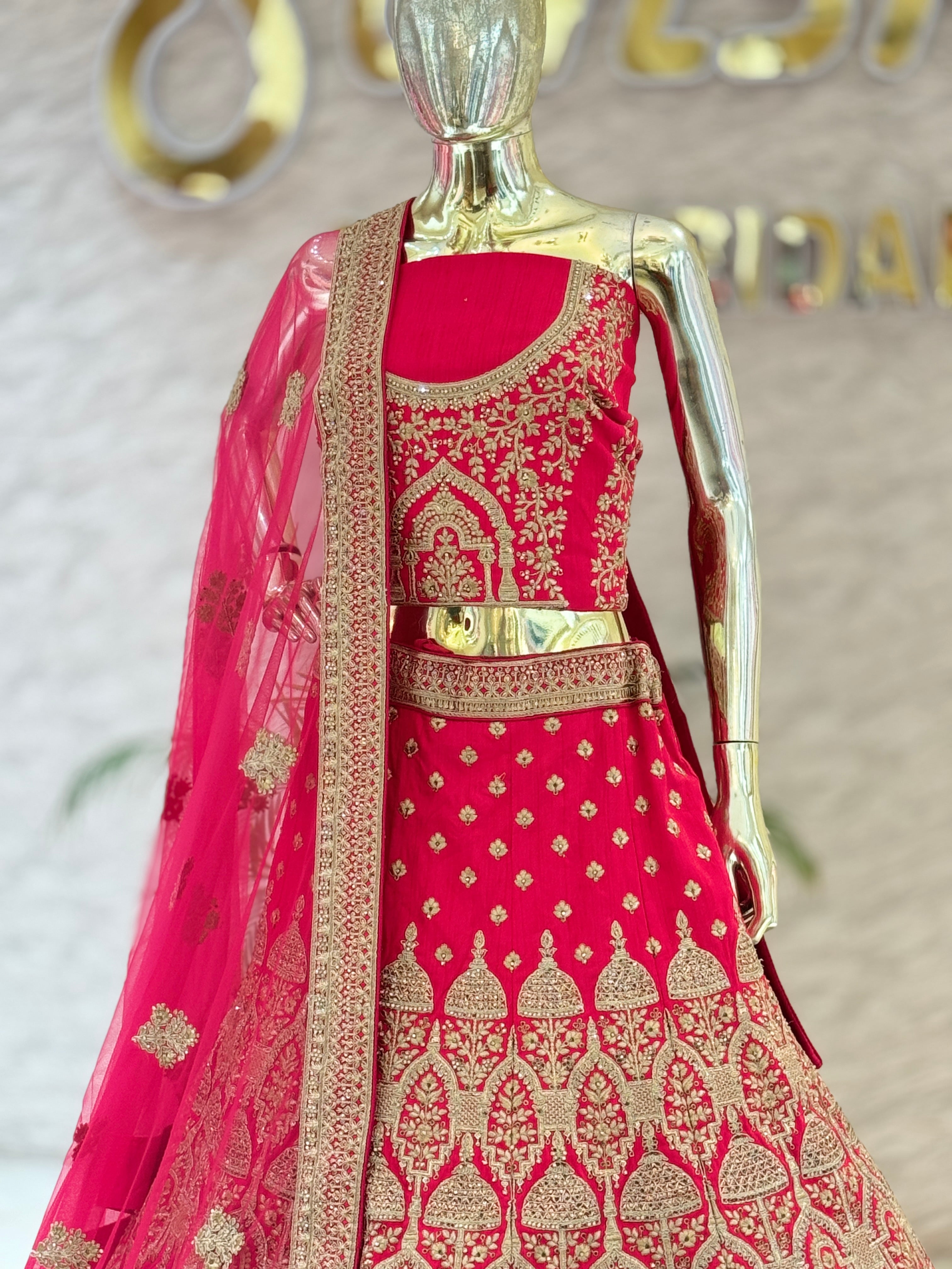 Bridal Hot Pink Silk Embroidered Lehenga Choli Set with Arch-Motif Scalloped Dupatta 13809