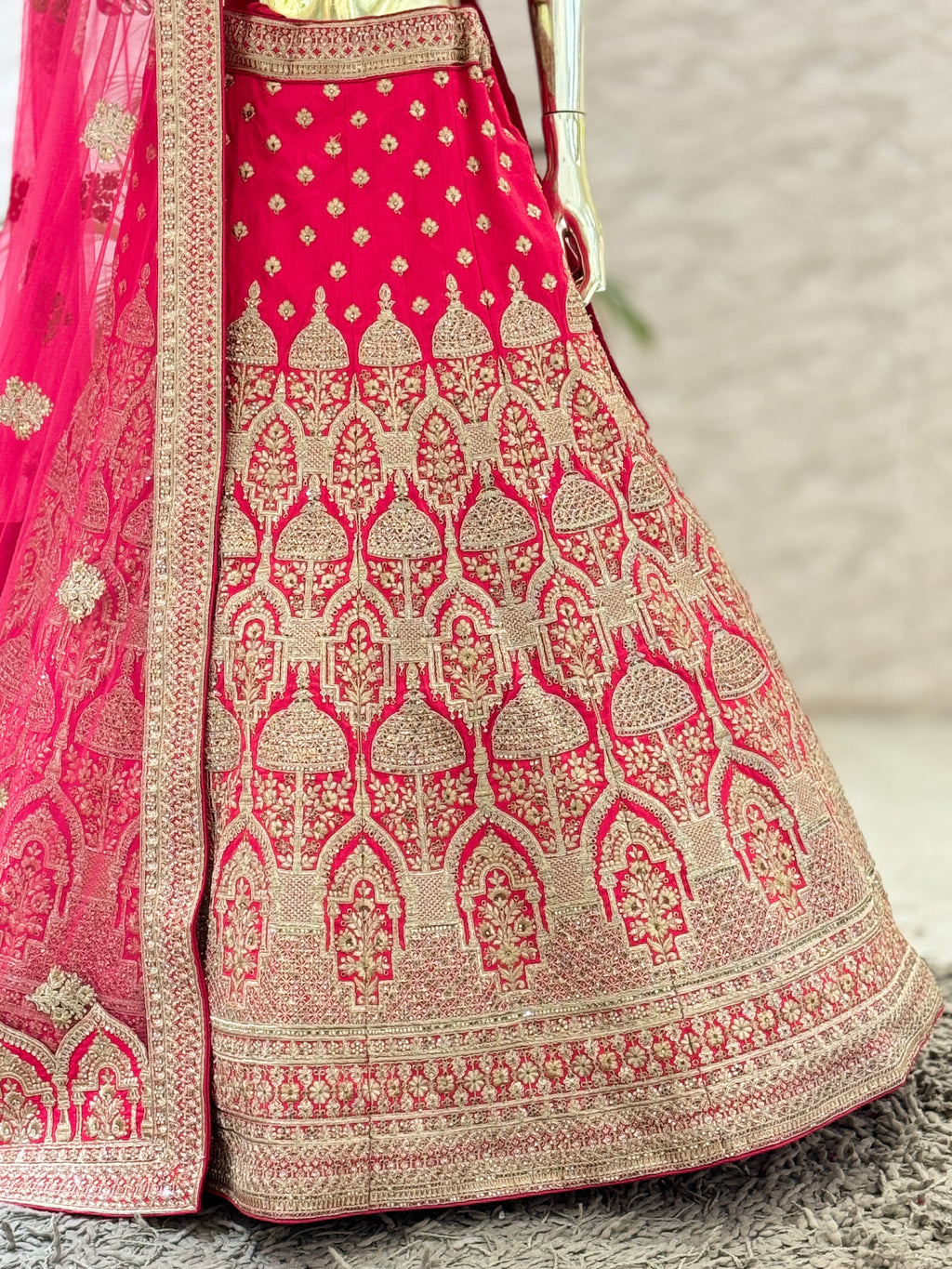 Bridal Hot Pink Silk Embroidered Lehenga Choli Set with Arch-Motif Scalloped Dupatta 13809