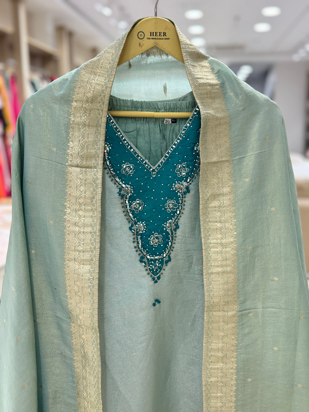 Q562614 Elegant Sea Green Simar Silk Embroidered Kurta Set with Straight Pants & Designer Dupatta