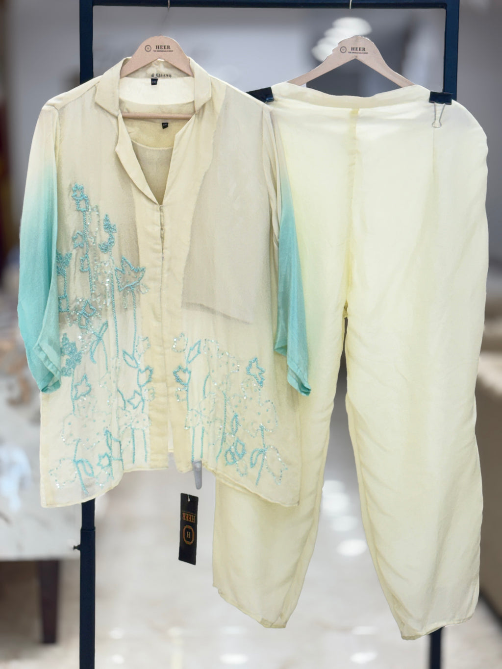 Off white with ice blue premium  Ombre Embroidered Co-ord Set q562674