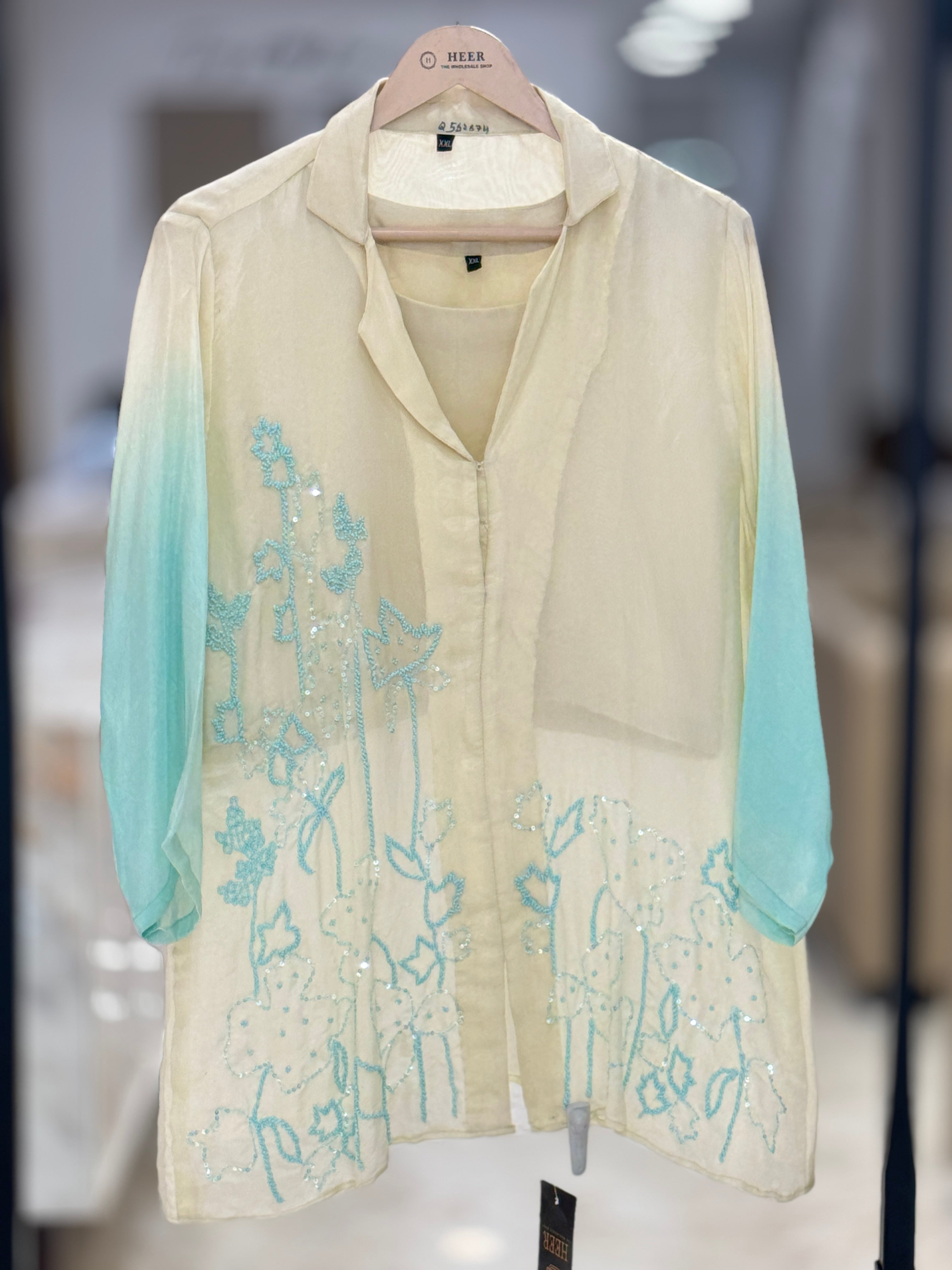 Off white with ice blue premium  Ombre Embroidered Co-ord Set q562674