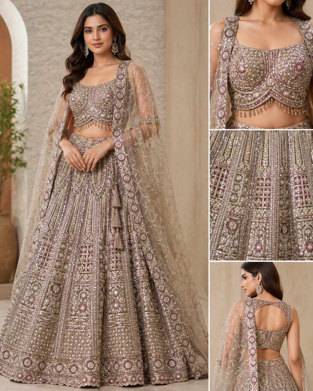 Q562266 beige designer lehenga and readymade blouse set featuring heavy hand-work