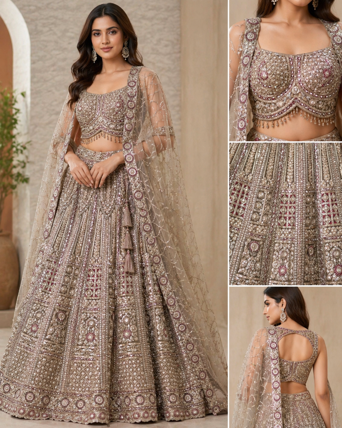 Q562266 beige designer lehenga and readymade blouse set featuring heavy hand-work
