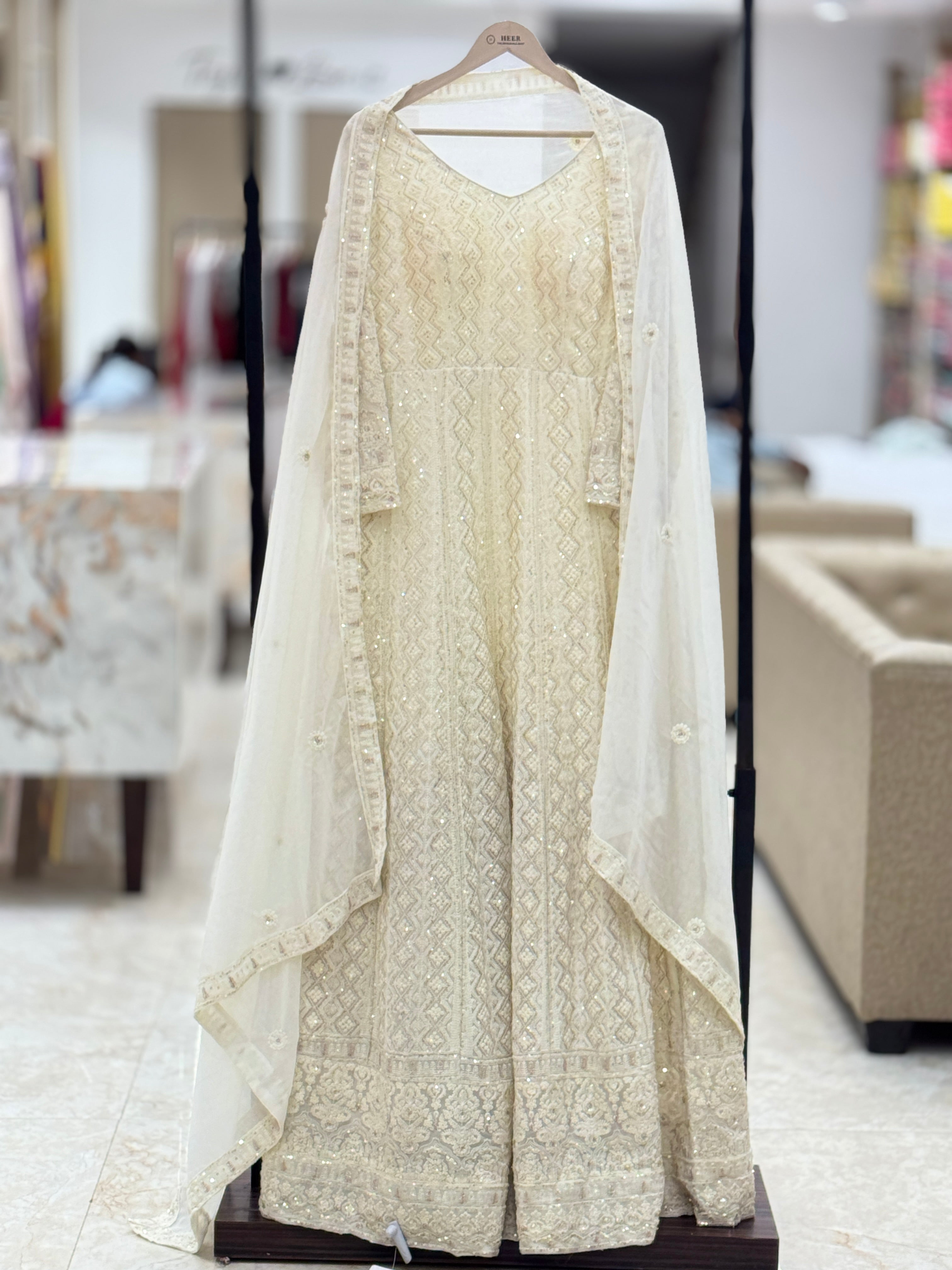 Premium Cream Embroidered Georgette Anarkali Gown with Sequins & Dupatta q562445
