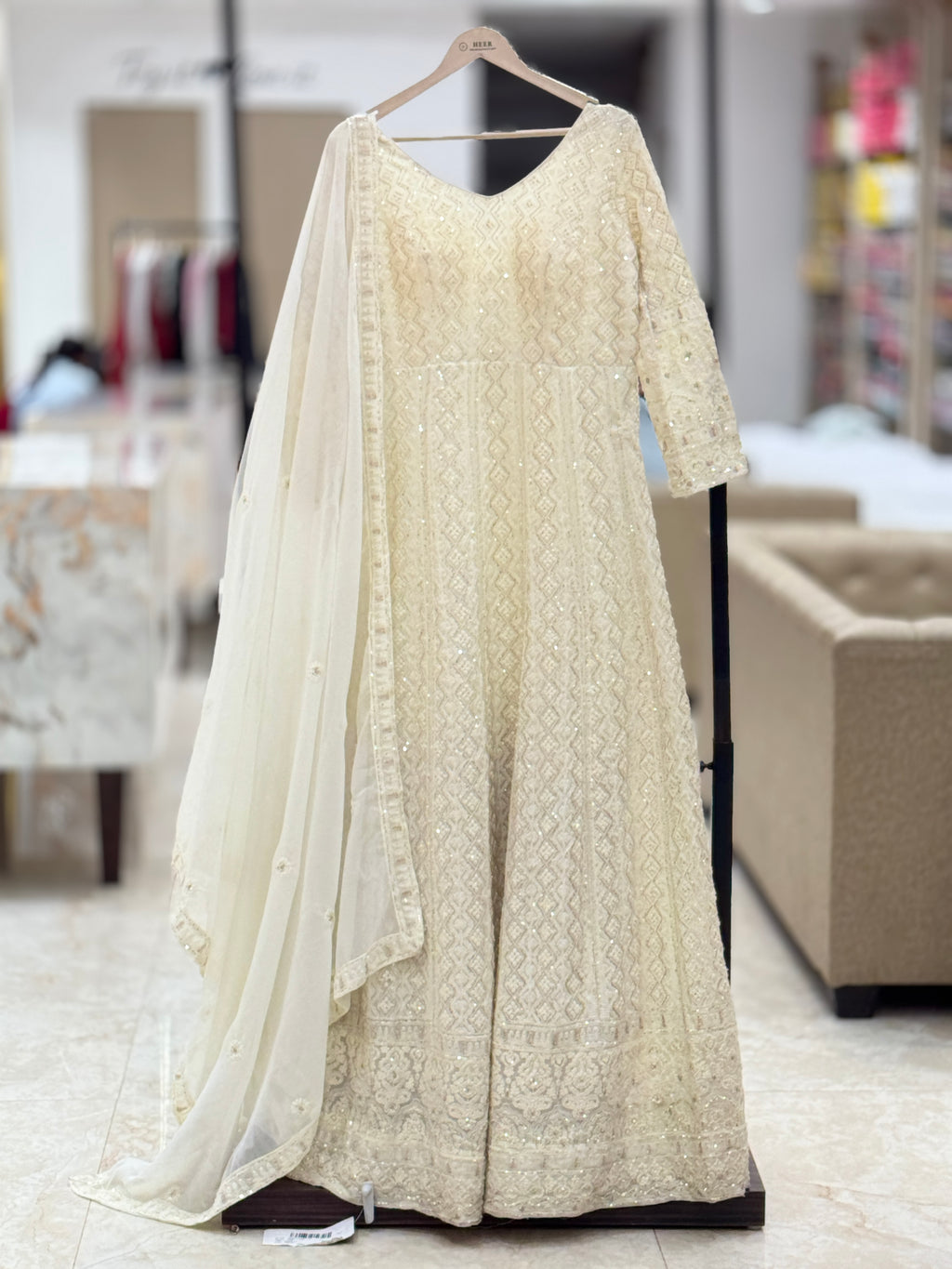 Premium Cream Embroidered Georgette Anarkali Gown with Sequins & Dupatta q562445