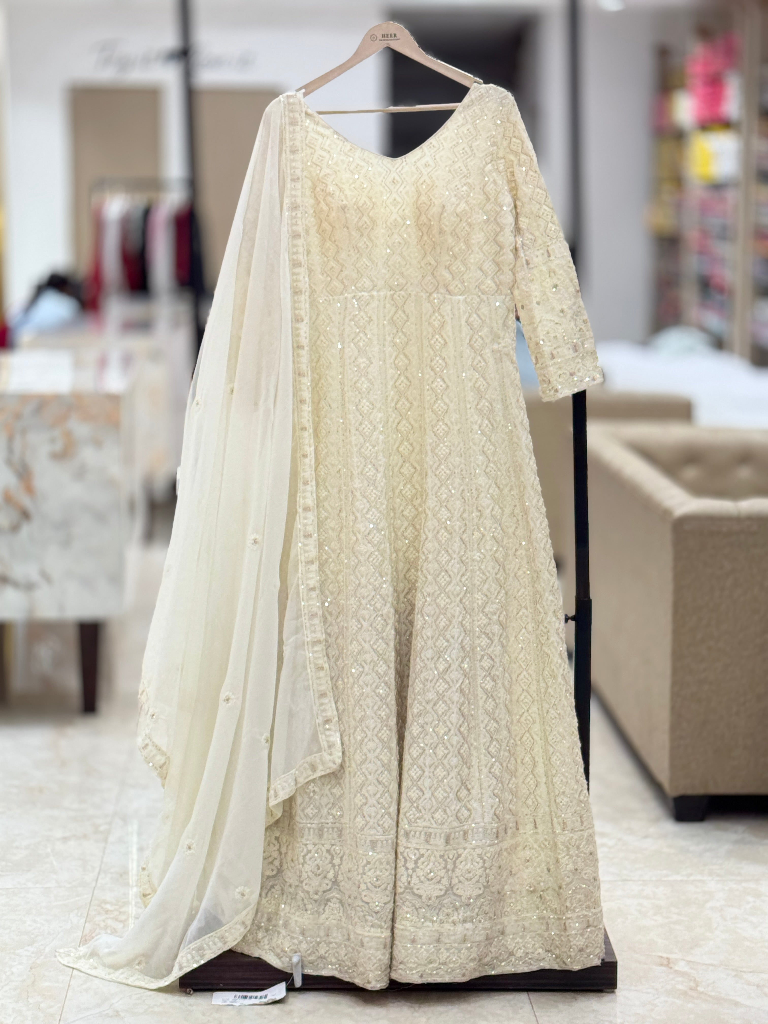 Premium Cream Embroidered Georgette Anarkali Gown with Sequins & Dupatta q562445