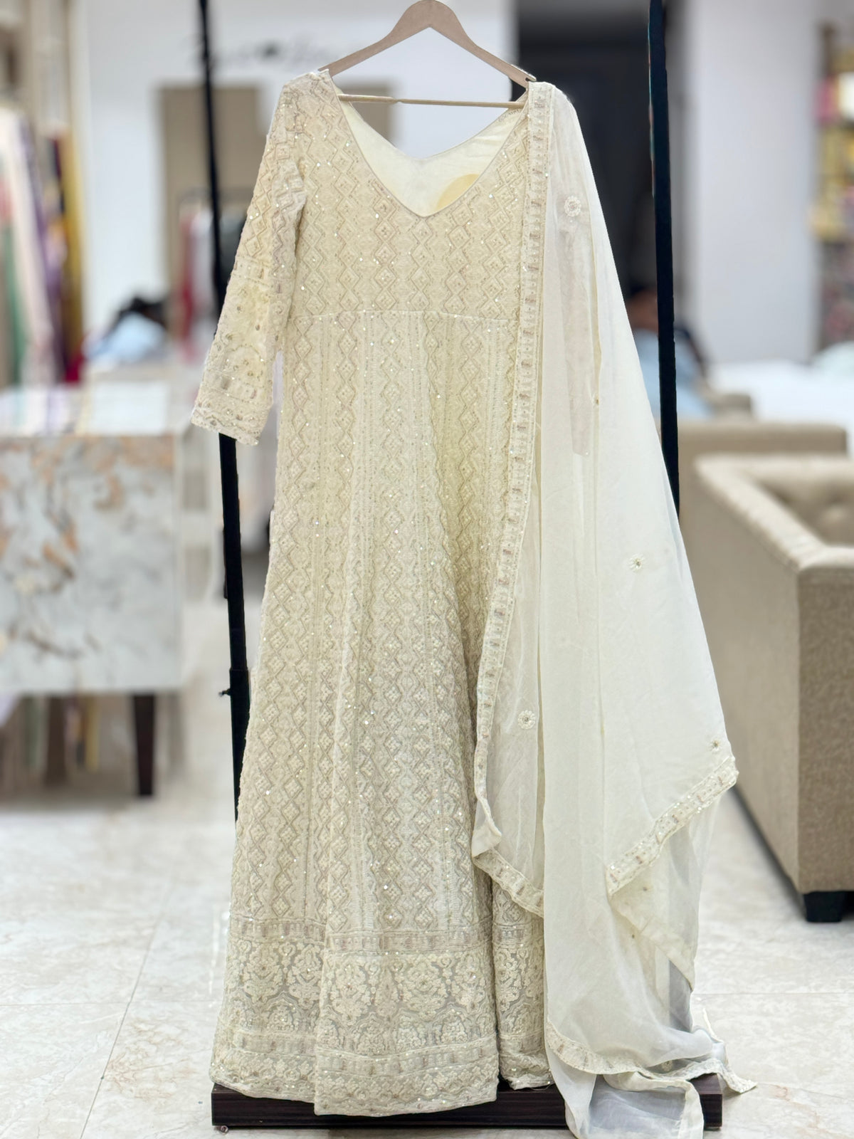 Premium Cream Embroidered Georgette Anarkali Gown with Sequins & Dupatta q562445