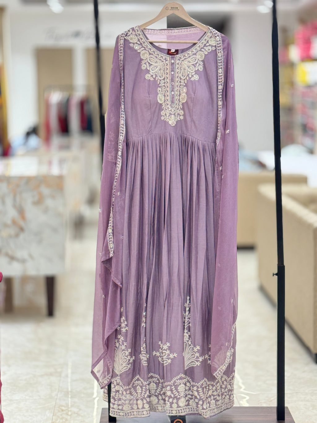 Lavender Embroidered Anarkali Suit with Heavy Neckline & Dupatta q562253