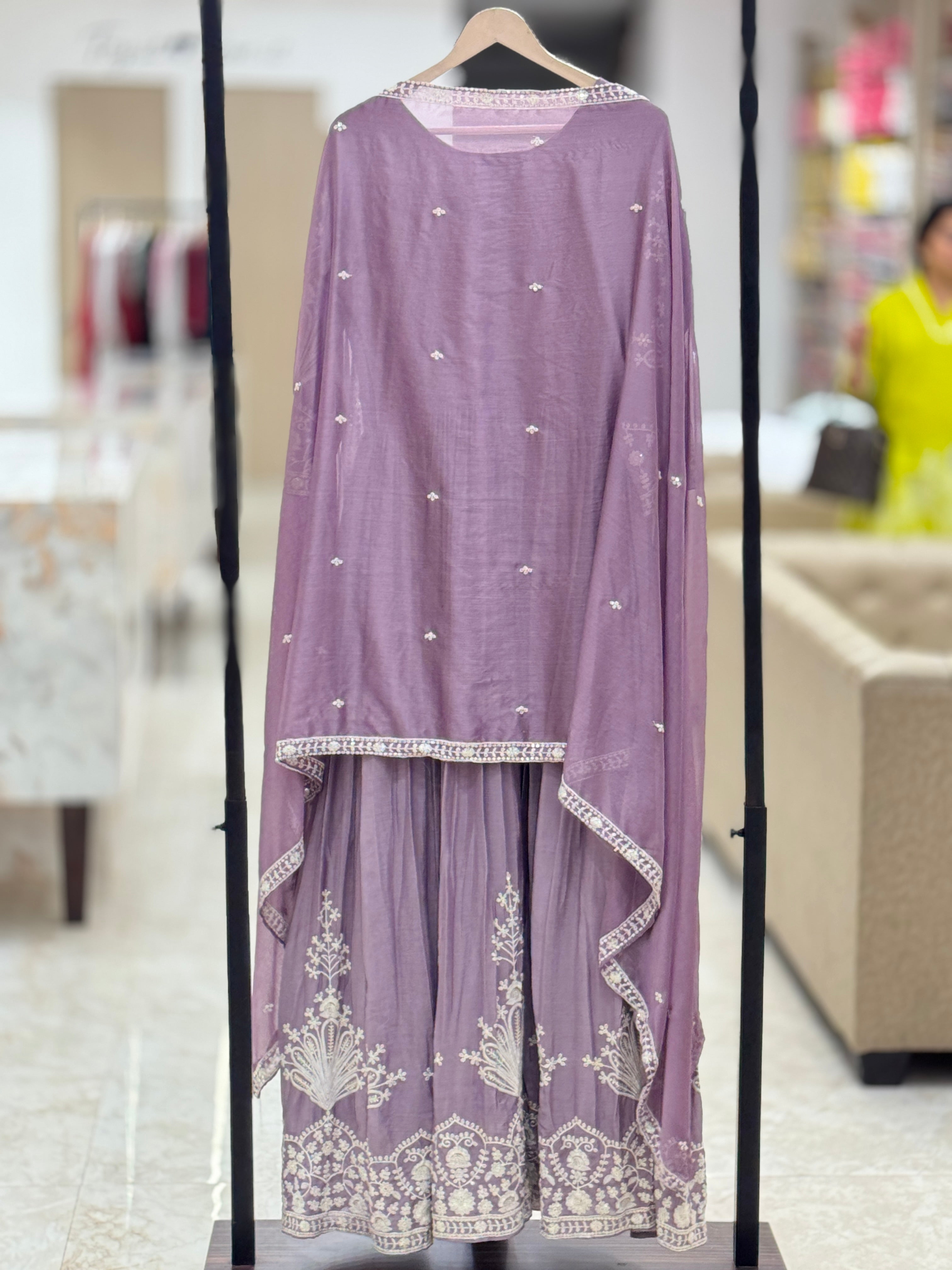 Lavender Embroidered Anarkali Suit with Heavy Neckline & Dupatta q562253