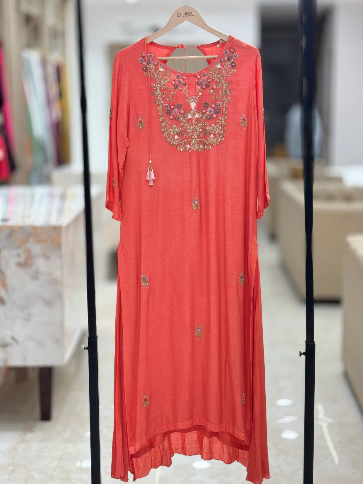 Coral Pink Embroidered Kurta Set with Wide-Leg Palazzo Pants 13918