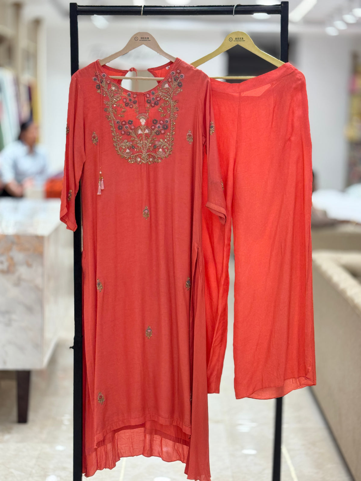 Coral Pink Embroidered Kurta Set with Wide-Leg Palazzo Pants 13918