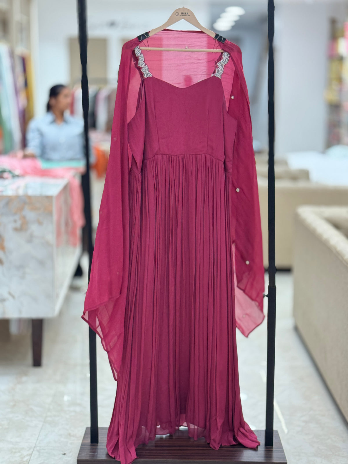 Designer wine  Pleated Evening Gown with Embellished Straps & Attached Sheer Cape q56606