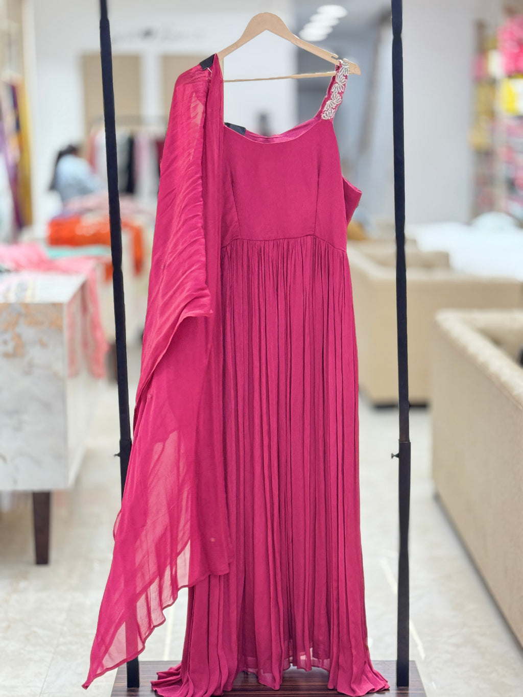 Designer wine  Pleated Evening Gown with Embellished Straps & Attached Sheer Cape q56606