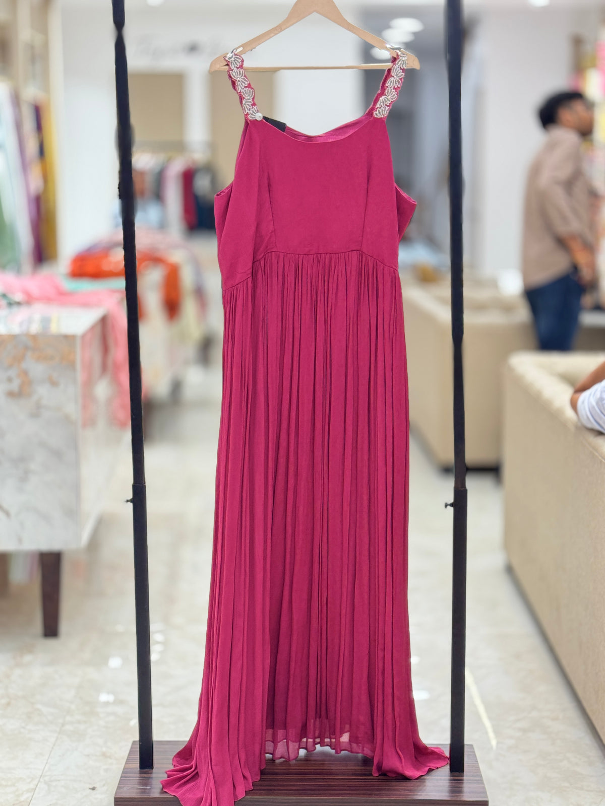 Designer wine  Pleated Evening Gown with Embellished Straps & Attached Sheer Cape q56606