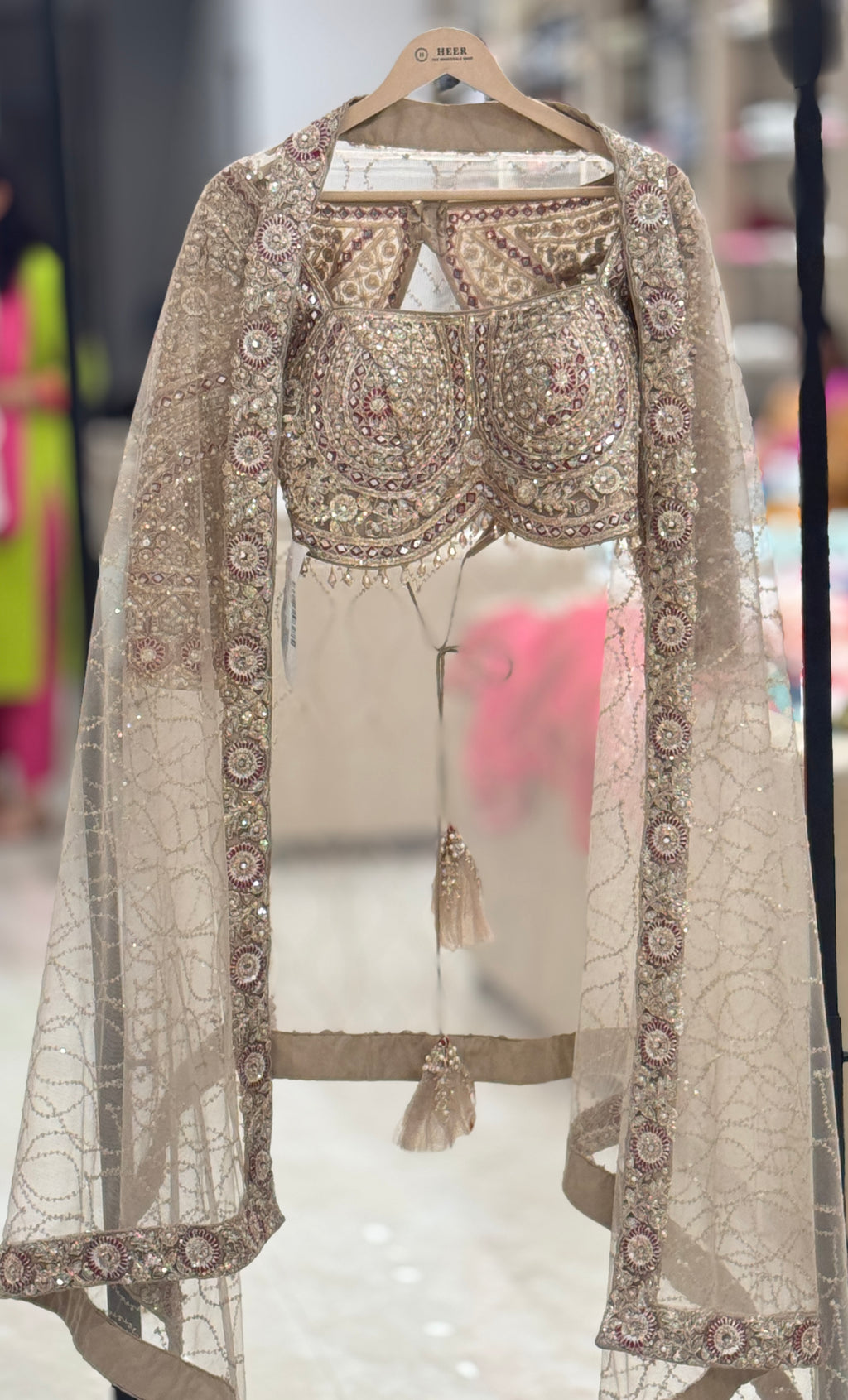 Q562266 beige designer lehenga and readymade blouse set featuring heavy hand-work