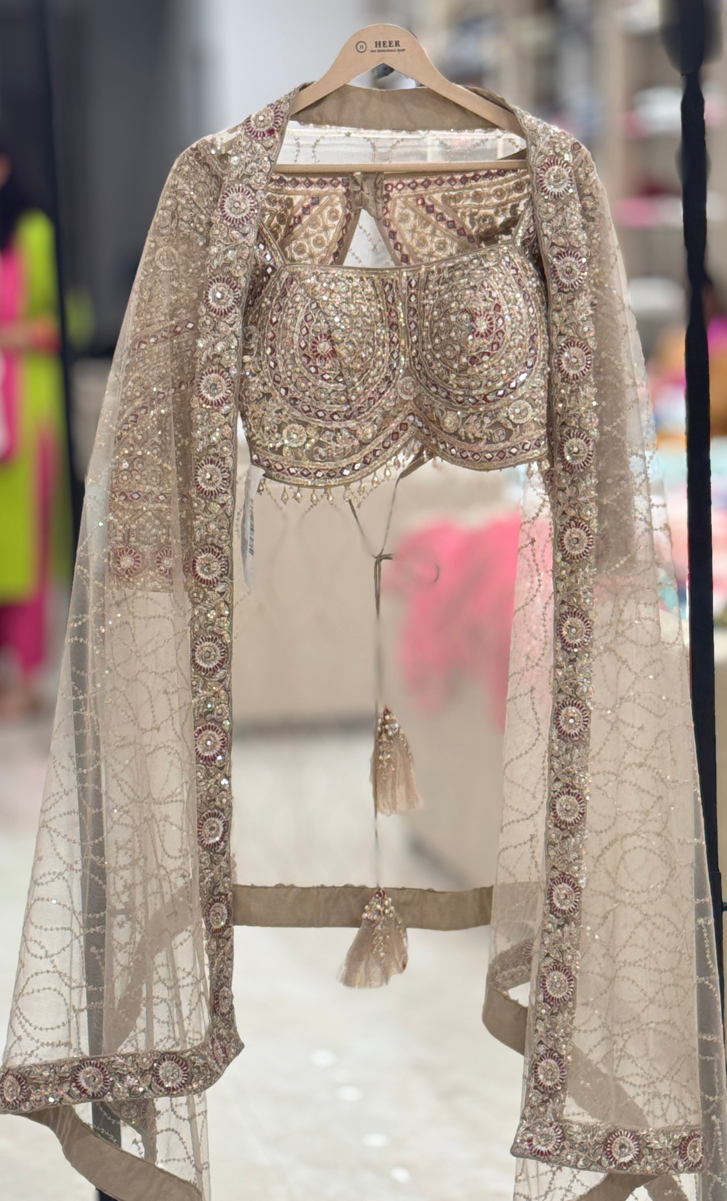 Q562266 beige designer lehenga and readymade blouse set featuring heavy hand-work