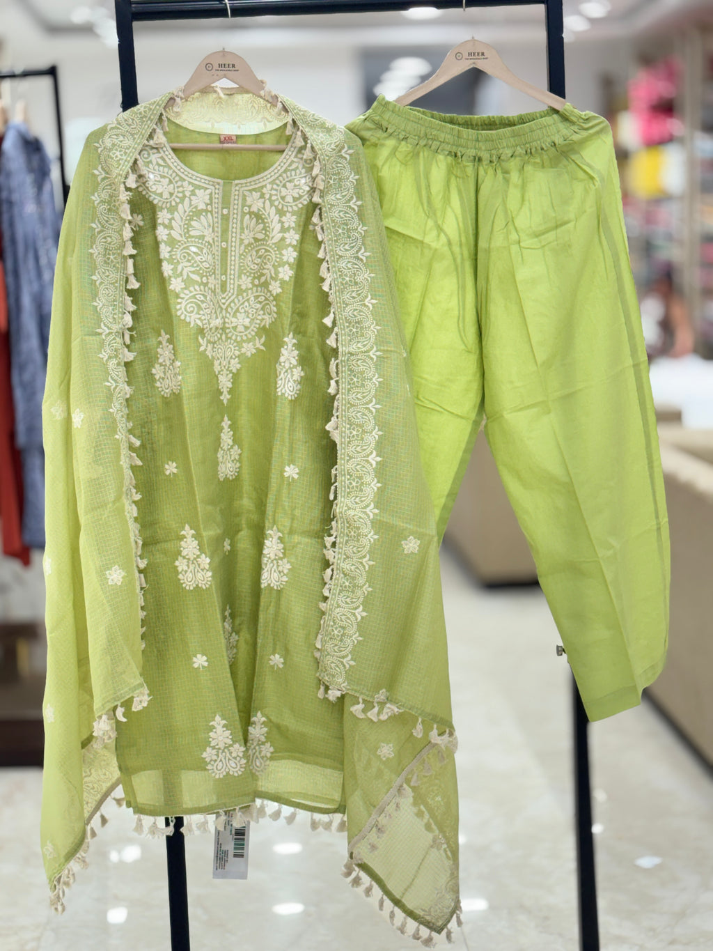 Elegant Lime Green Embroidered Chanderi Cotton Stitched Suit Set q562931