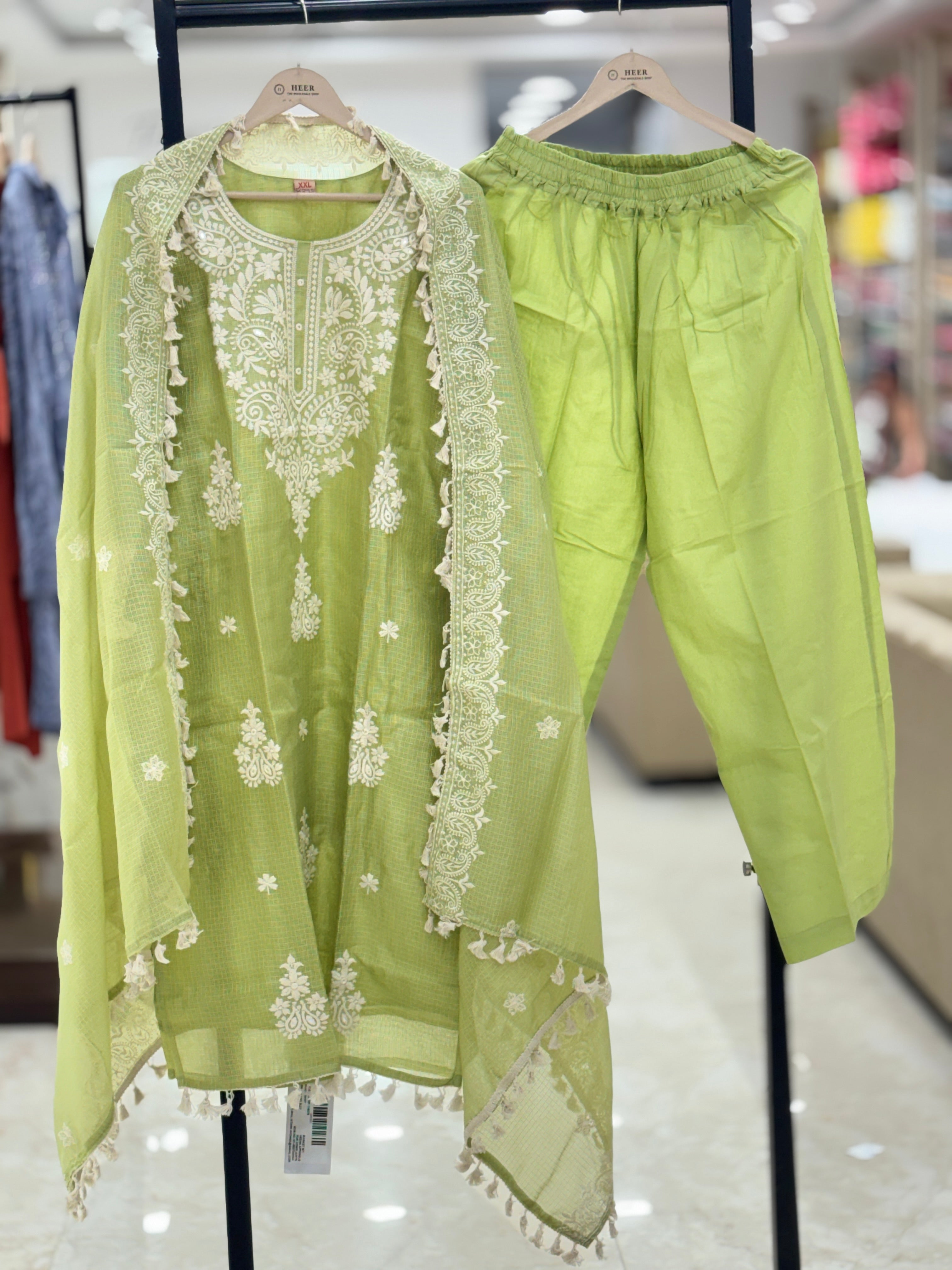 Elegant Lime Green Embroidered Chanderi Cotton Stitched Suit Set q562931