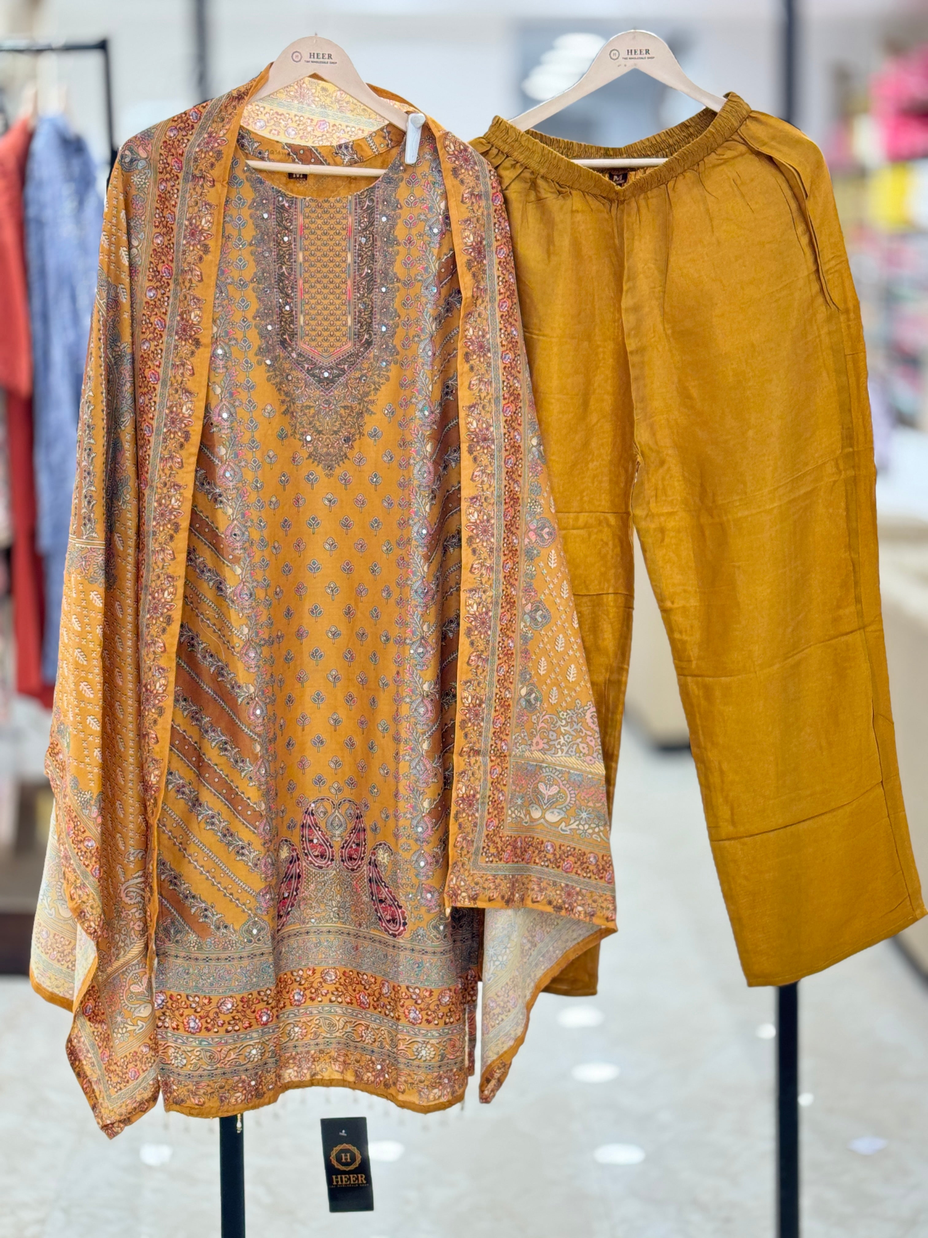 Mustard Yellow Printed & Embroidered Kashmiri Style Stitched Suit Set q562942