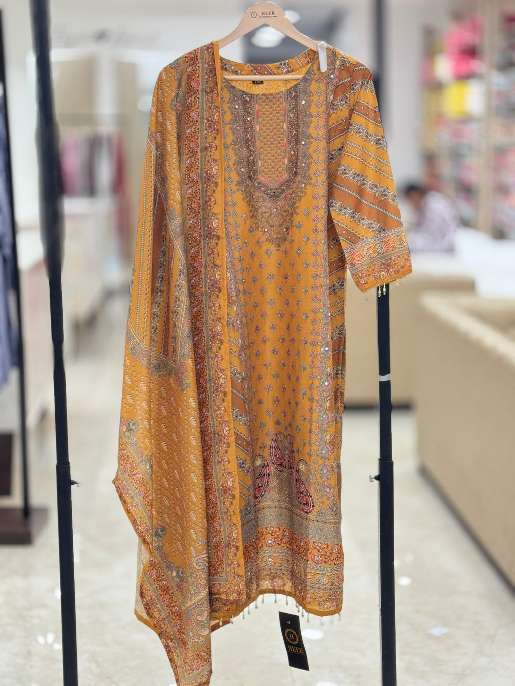 Mustard Yellow Printed & Embroidered Kashmiri Style Stitched Suit Set q562942