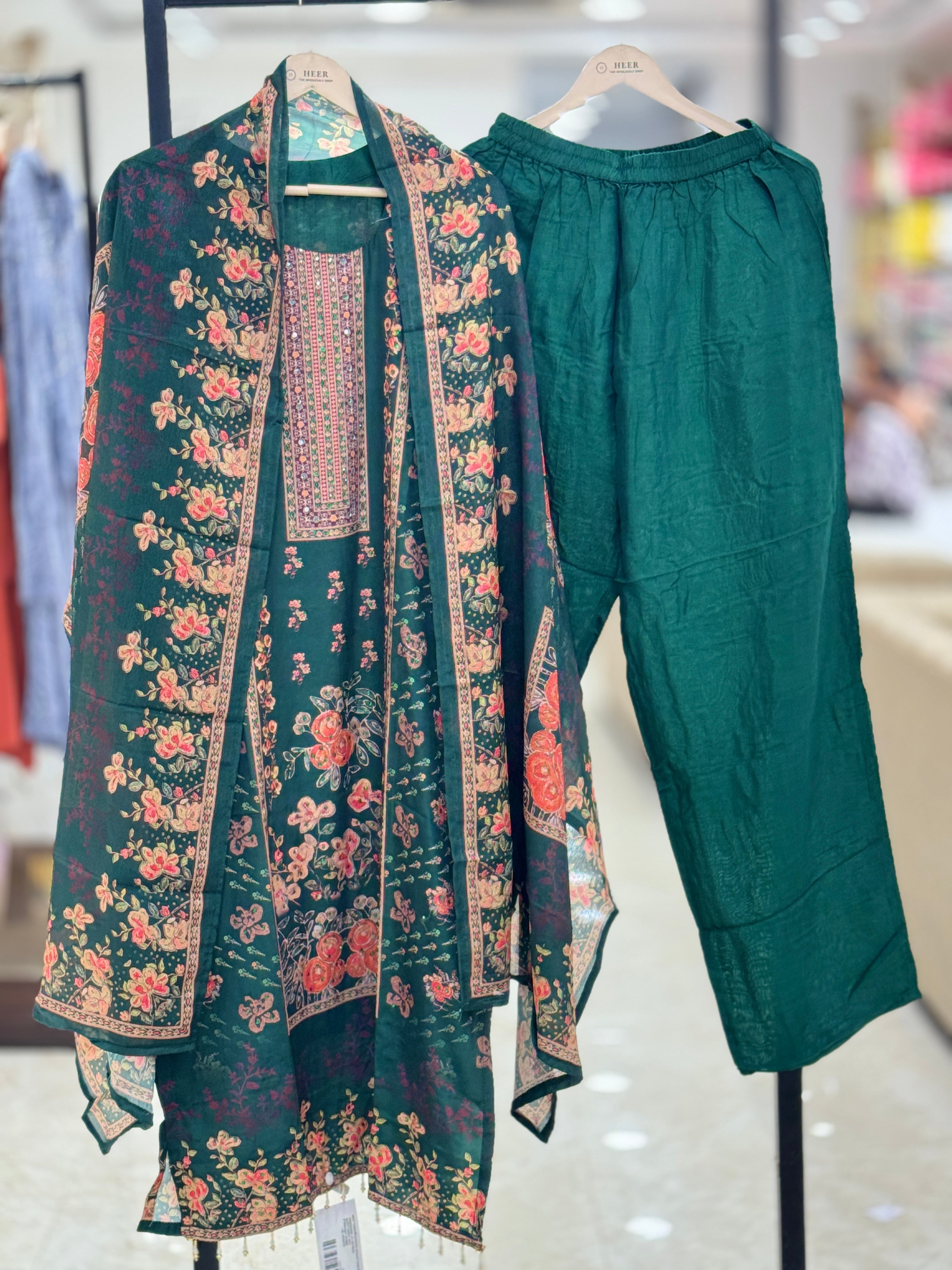 Printed Dark Green Suit Set elegant 3 pcs suit with floral dupatta q562950