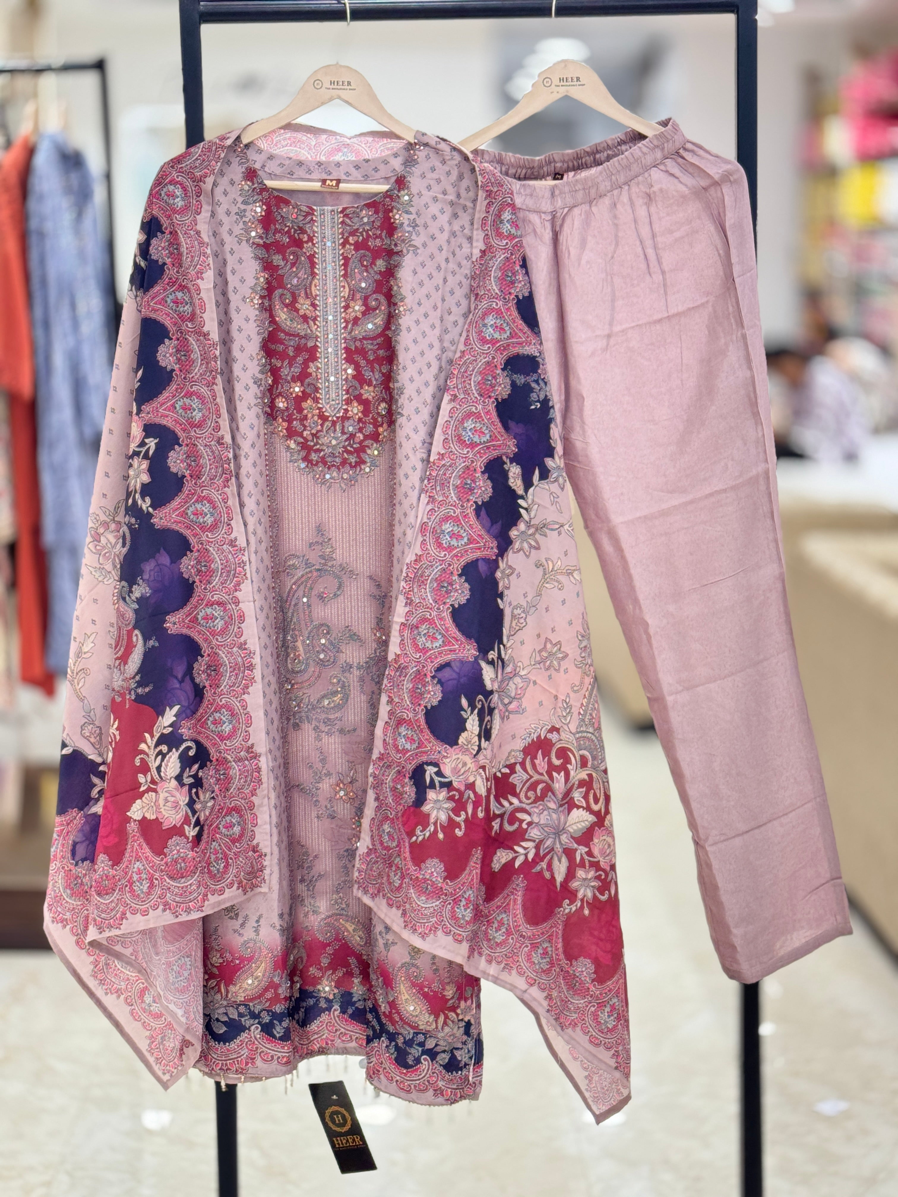 Embroidered Pink Georgette Suit Set with Floral Printed Dupatta q562938