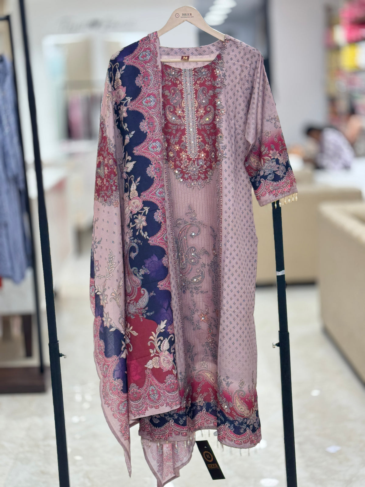 Embroidered Pink Georgette Suit Set with Floral Printed Dupatta q562938