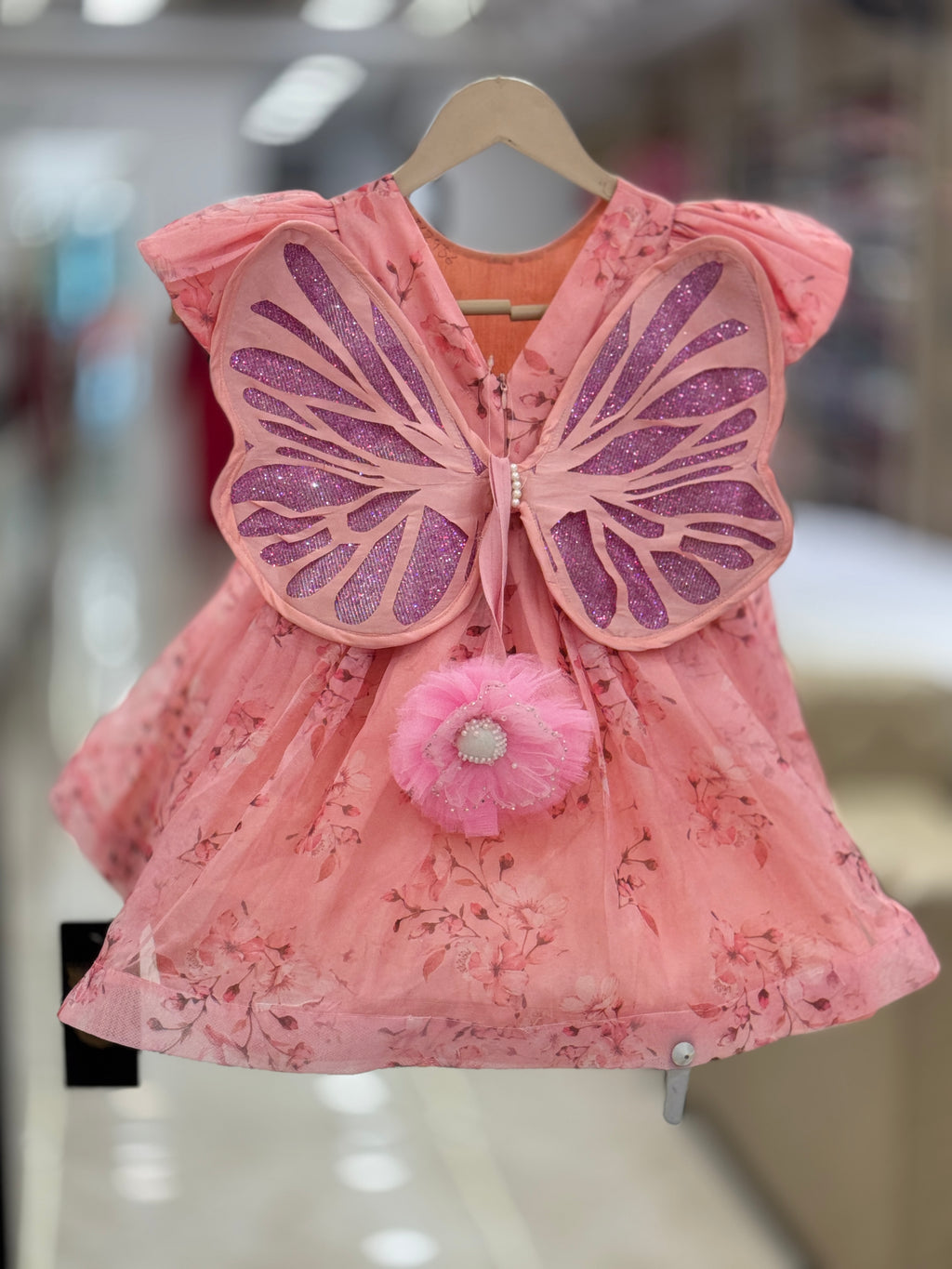 Pink Floral Tulle Flutter-Sleeve butterfly Party Gown q562957